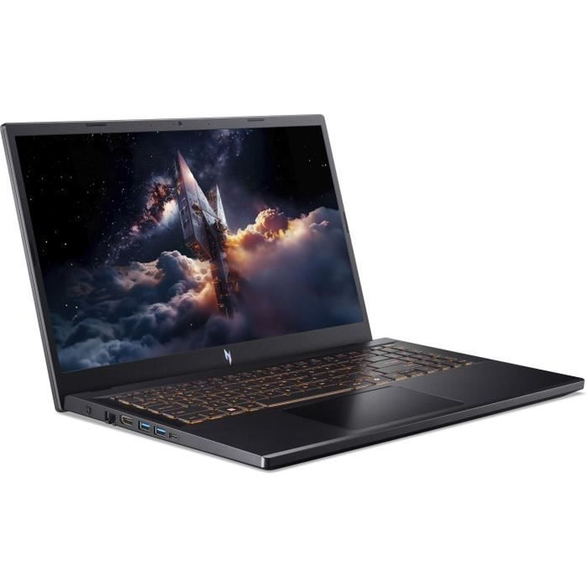 Ein schwarzer Laptop mit einem Weltraum-Raumschiff-Hintergrund auf dem Bildschirm.