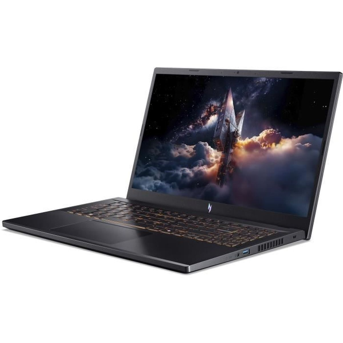 Schwarzer Laptop mit Tastaturbeleuchtung und Weltraum-Hintergrundbild mit Rakete.