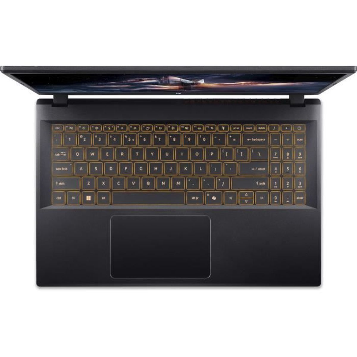Ein dunkles Laptop mit beleuchteter Tastatur und offenem Bildschirm.
