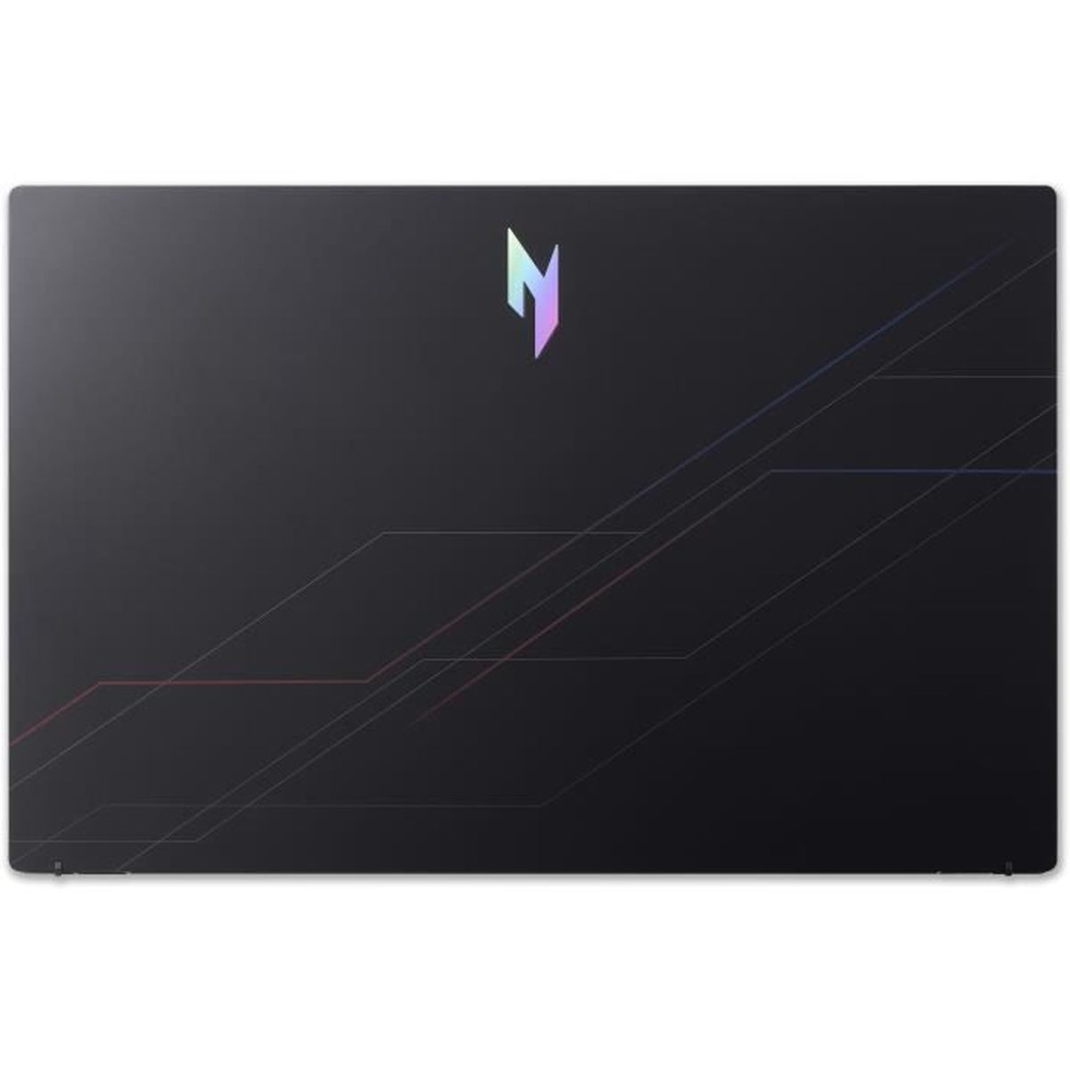 Schwarzer Laptop mit neonfarbenen Linien und einem schillernden Logo.