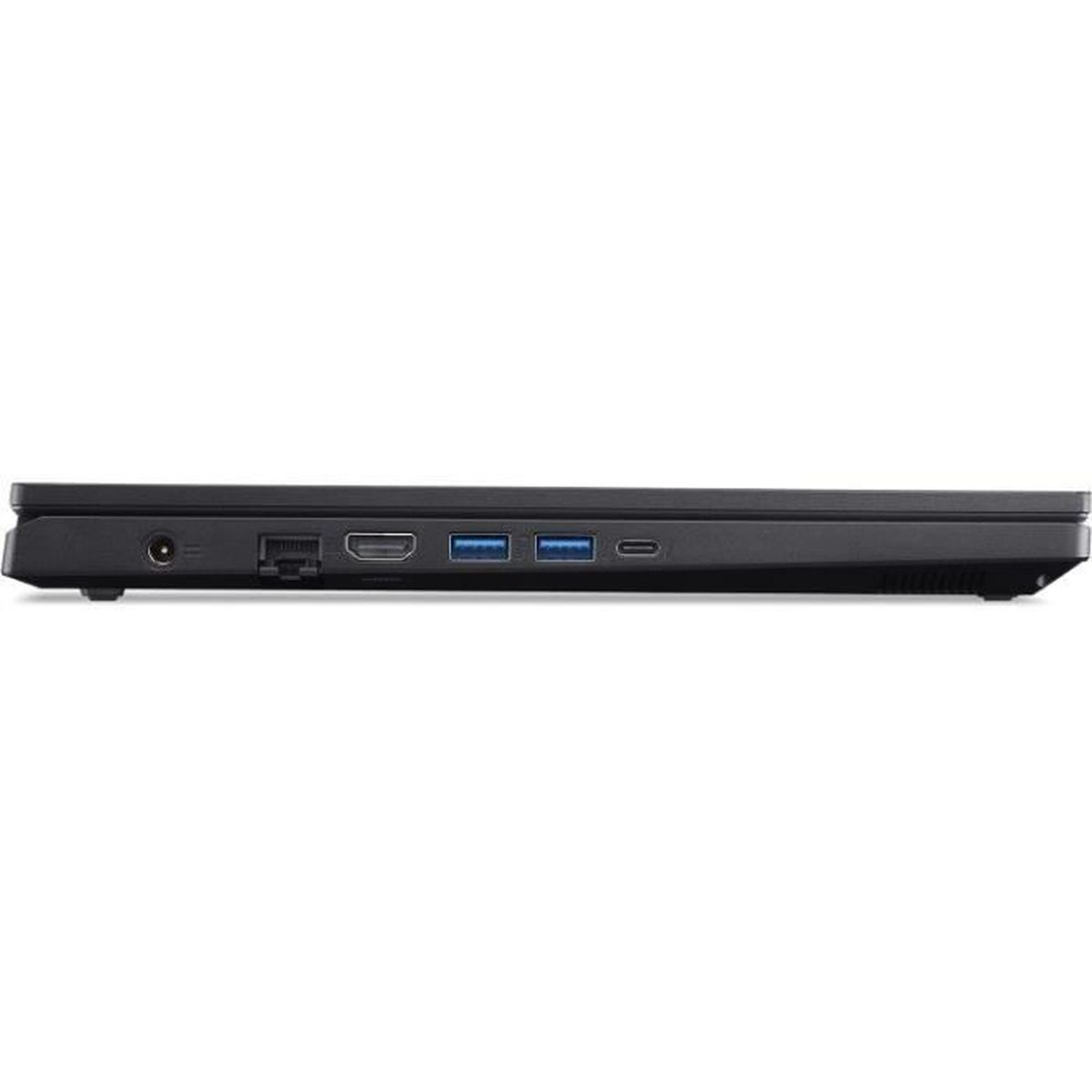 Seitenansicht eines Laptops mit Anschlüssen: Strom, Ethernet, HDMI, USB und SD-Kartensteckplatz.