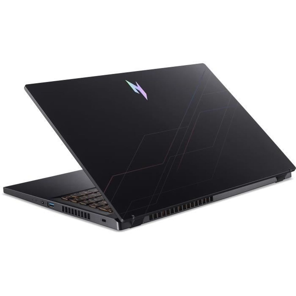 Schwarzer Laptop mit offenem Deckel, Logo und geometrischen Linien auf der Oberseite.