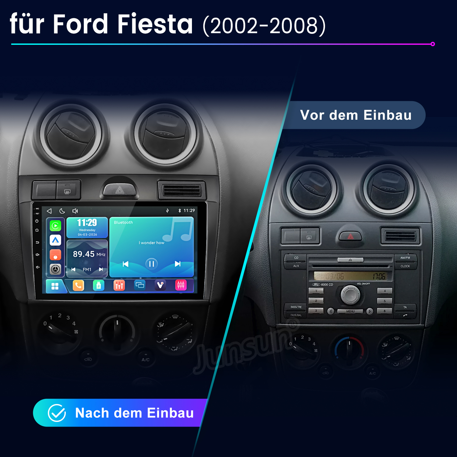 Vergleich eines Ford Fiesta Autoradios vor und nach dem Einbau eines modernen Touchscreens.