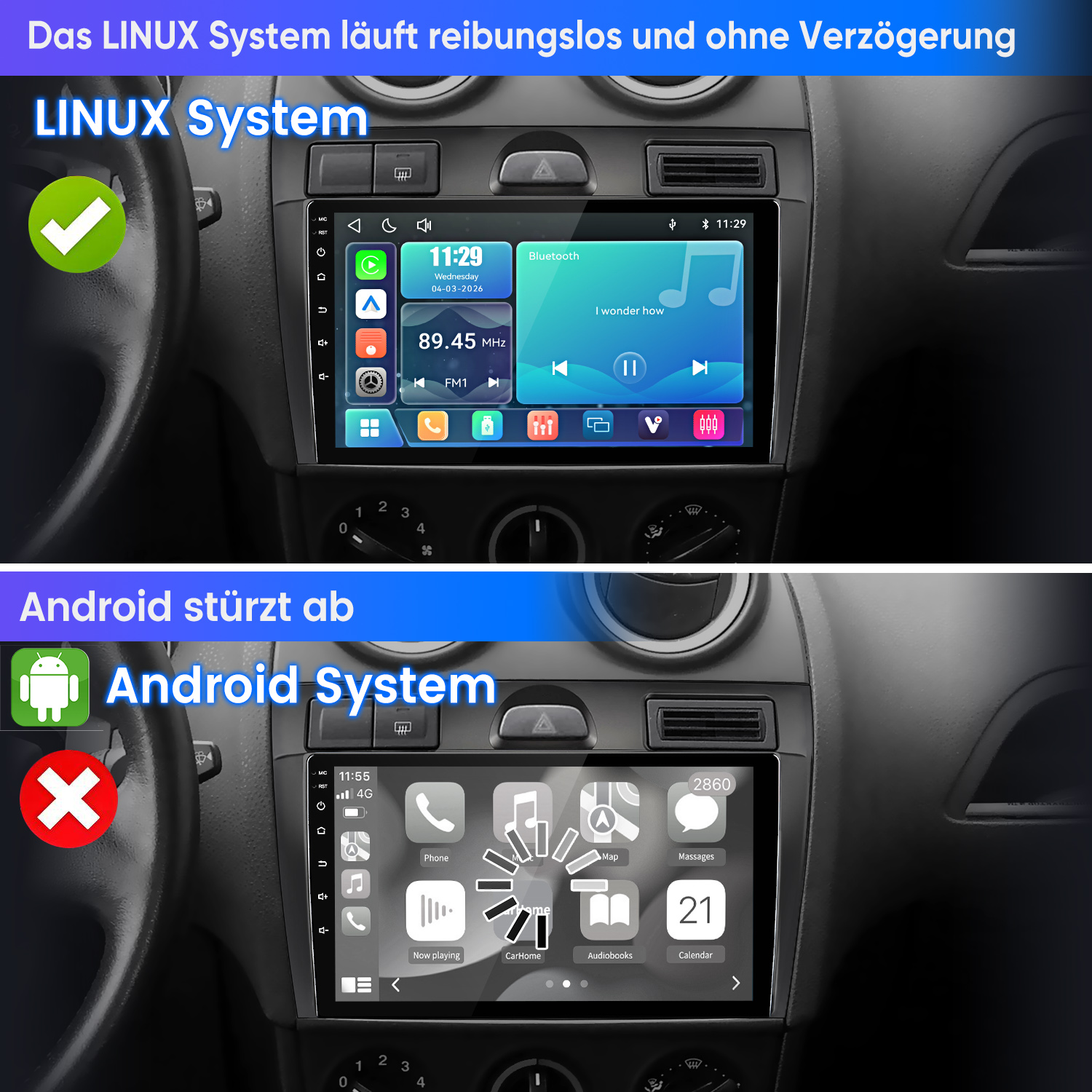 Linux-System läuft reibungslos mit Häkchen. Android System stürzt mit rotem Kreuz ab.