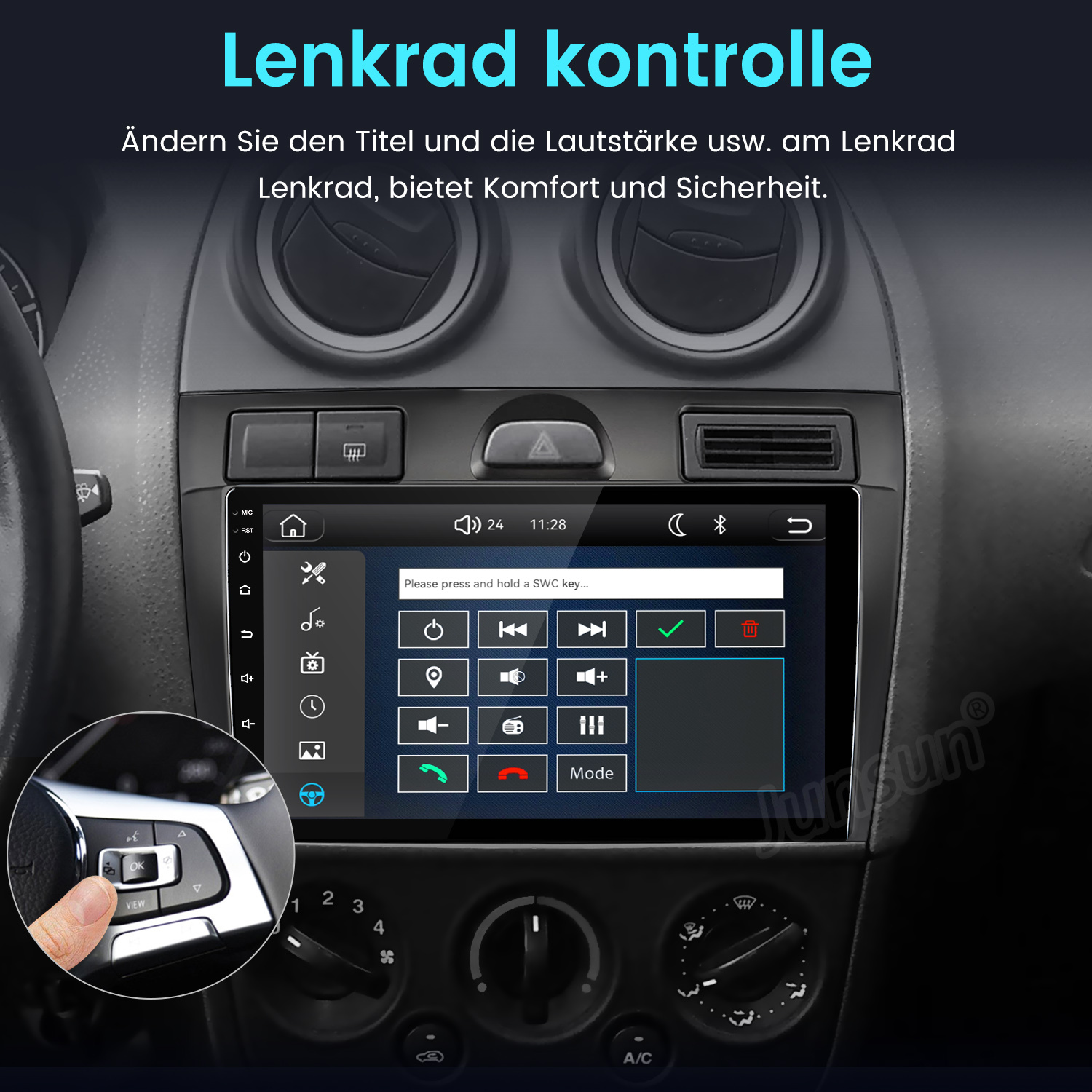 Autoinnenraum mit einem Touchscreen-Radio und Lenkradsteuerung.