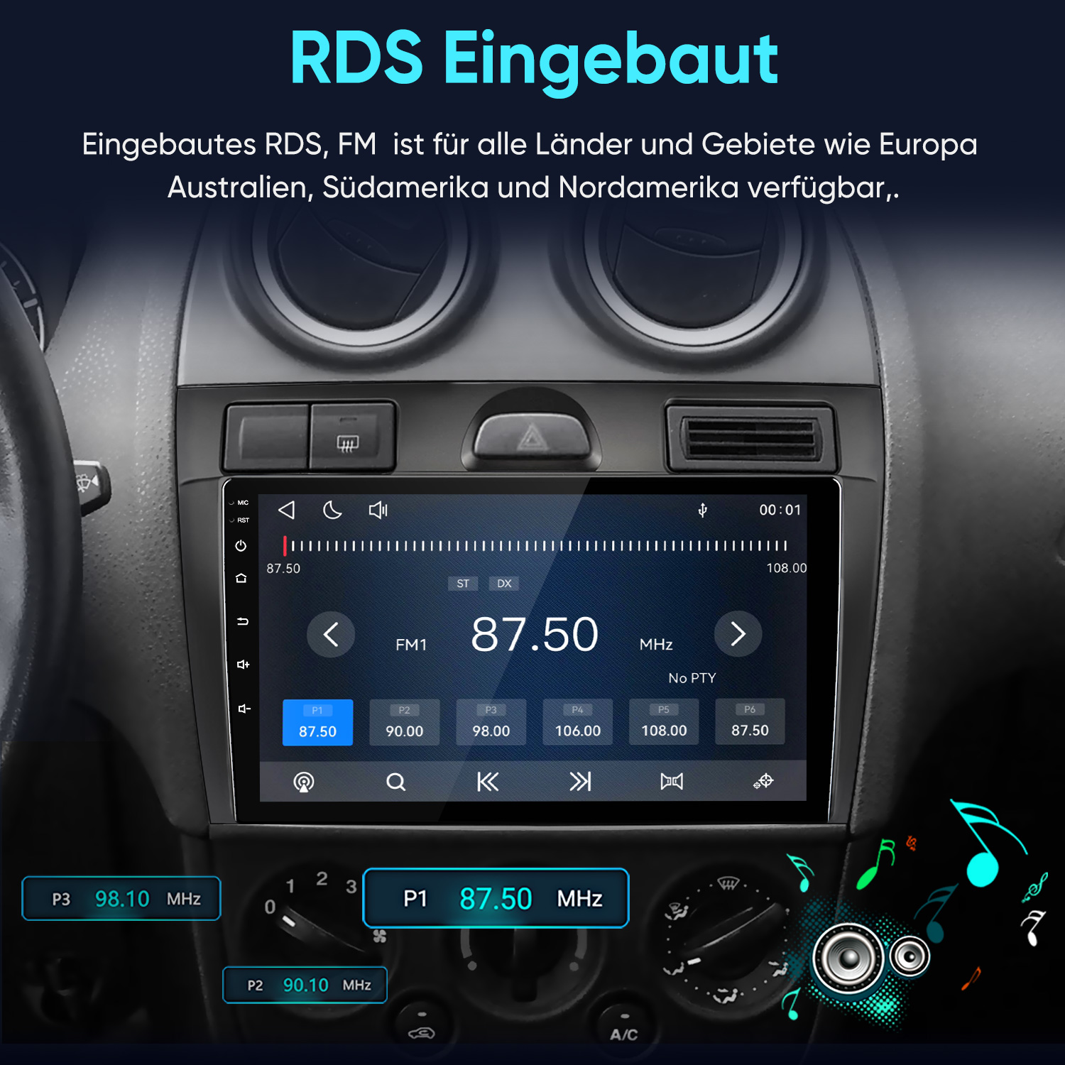Ein Autoradio-Bildschirm zeigt RDS und FM-Frequenzen, mit Tasten und Bedienelementen.