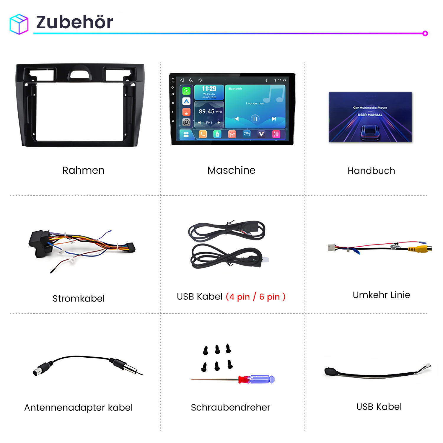 Zubehör: Rahmen, Maschine, Handbuch, Stromkabel, USB-Kabel, Umkehrlinie, Antennenkabel, Schraubendreher.