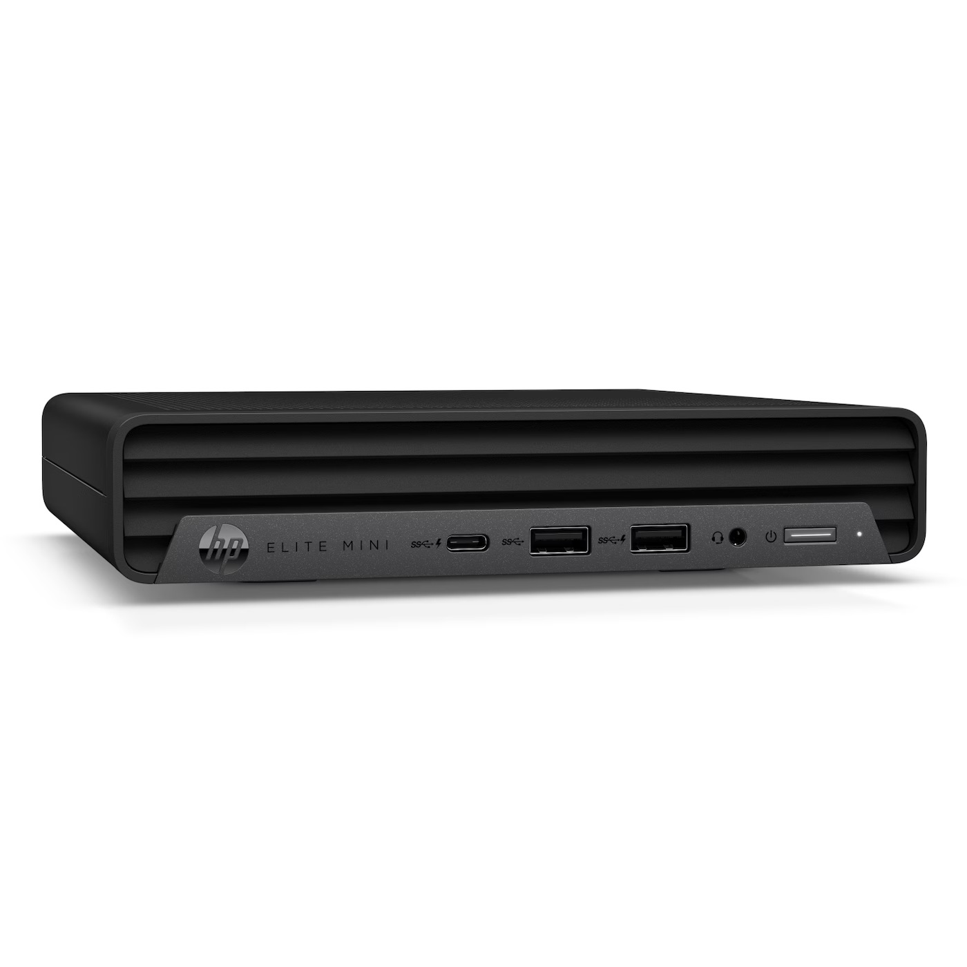 Czarny HP Elite Mini PC z otworami wentylacyjnymi i portami z przodu.