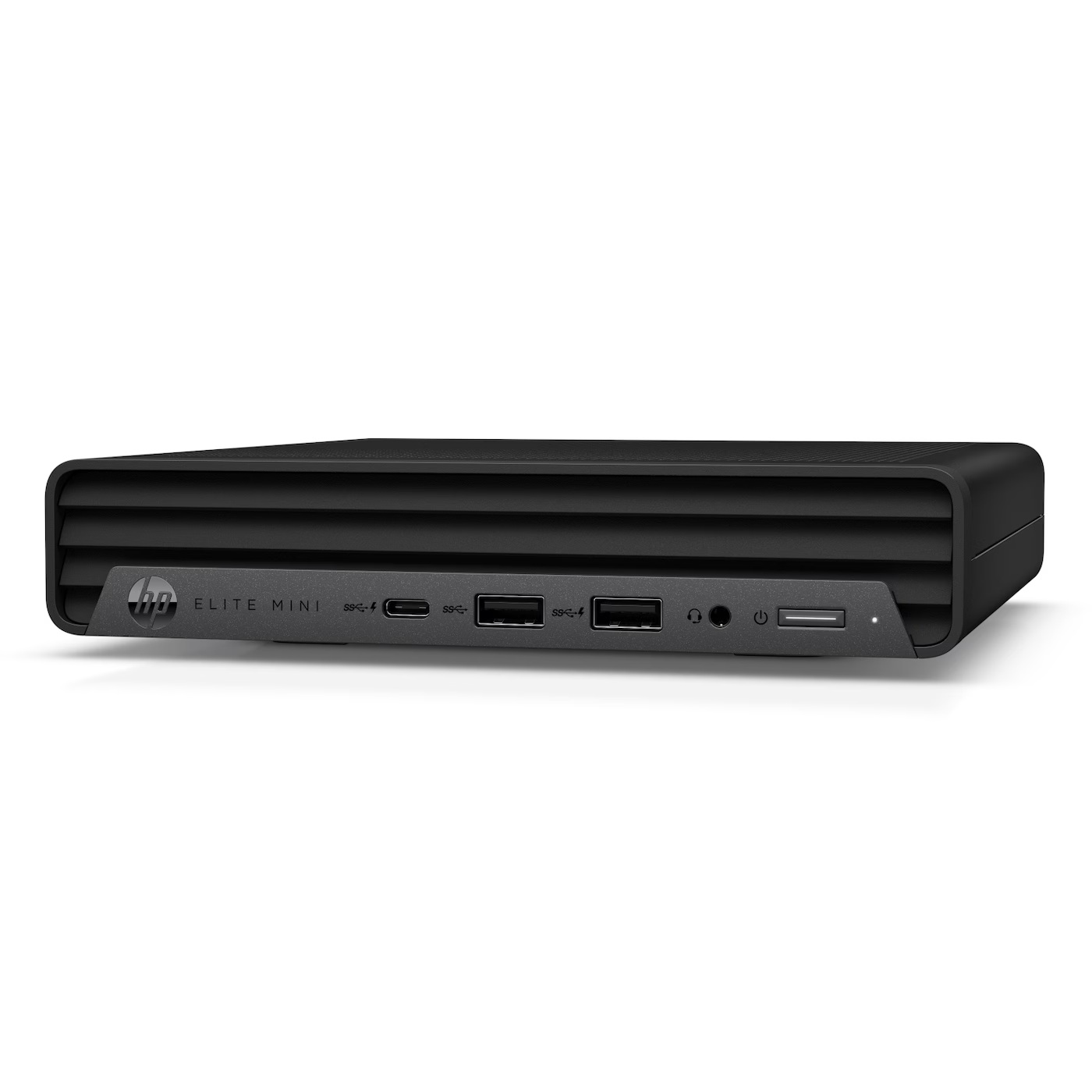 Czarny komputer HP Elite Mini z portami USB, gniazdem audio i przyciskiem zasilania.
