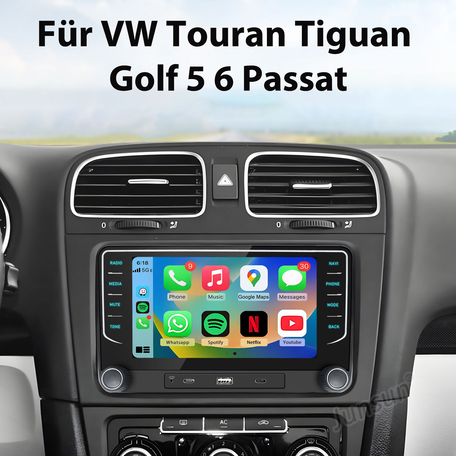 Autoradio mit Touchscreen zeigt Apps wie Telefon, Musik, Google Maps, WhatsApp, Spotify, Netflix, Youtube.
