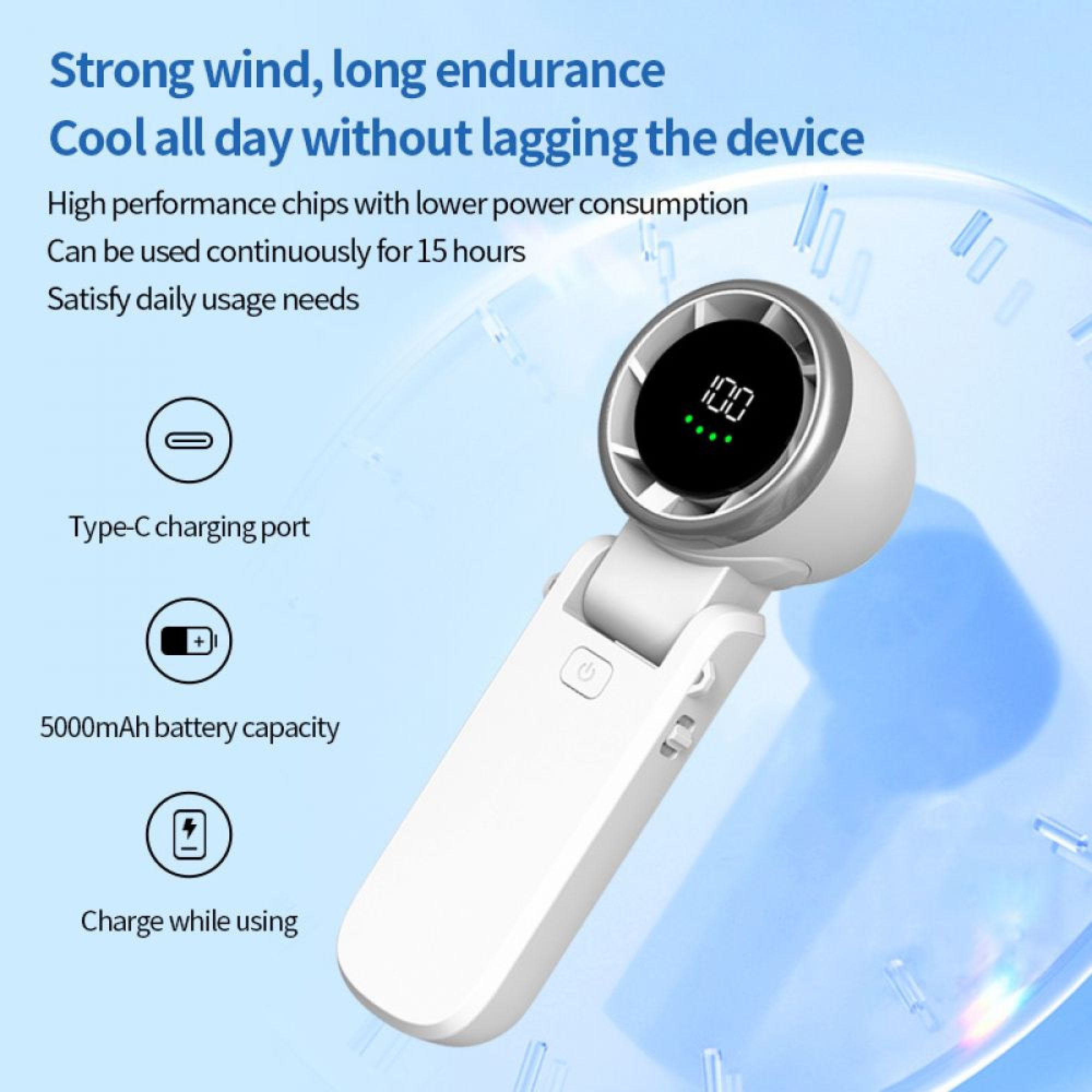 Ein weißer Handventilator mit 100% Akkuanzeige und Typ-C-Ladeanschluss.