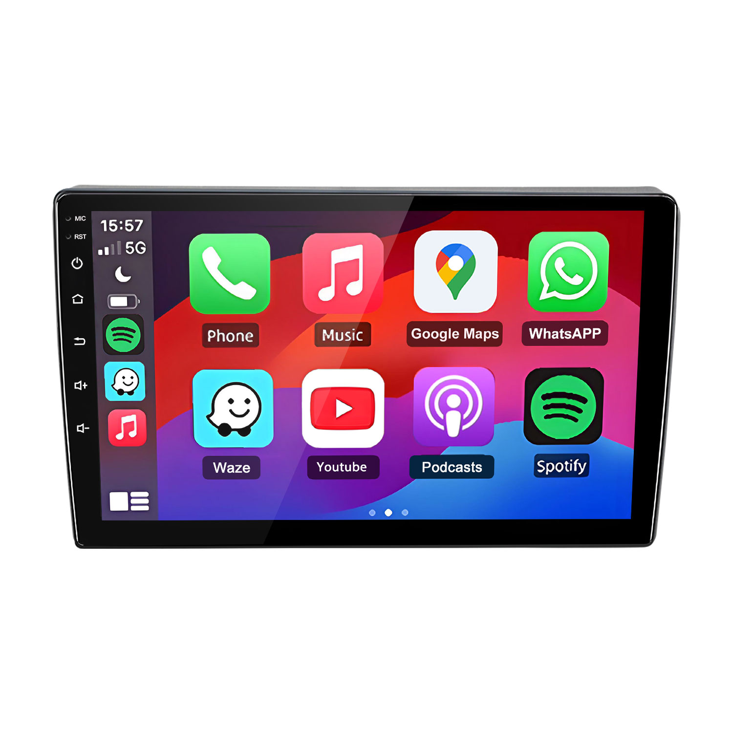 Ein Autoradio-Touchscreen zeigt App-Symbole wie Telefon, Musik, Google Maps, WhatsApp, Waze, YouTube, Podcasts und Spotify.
