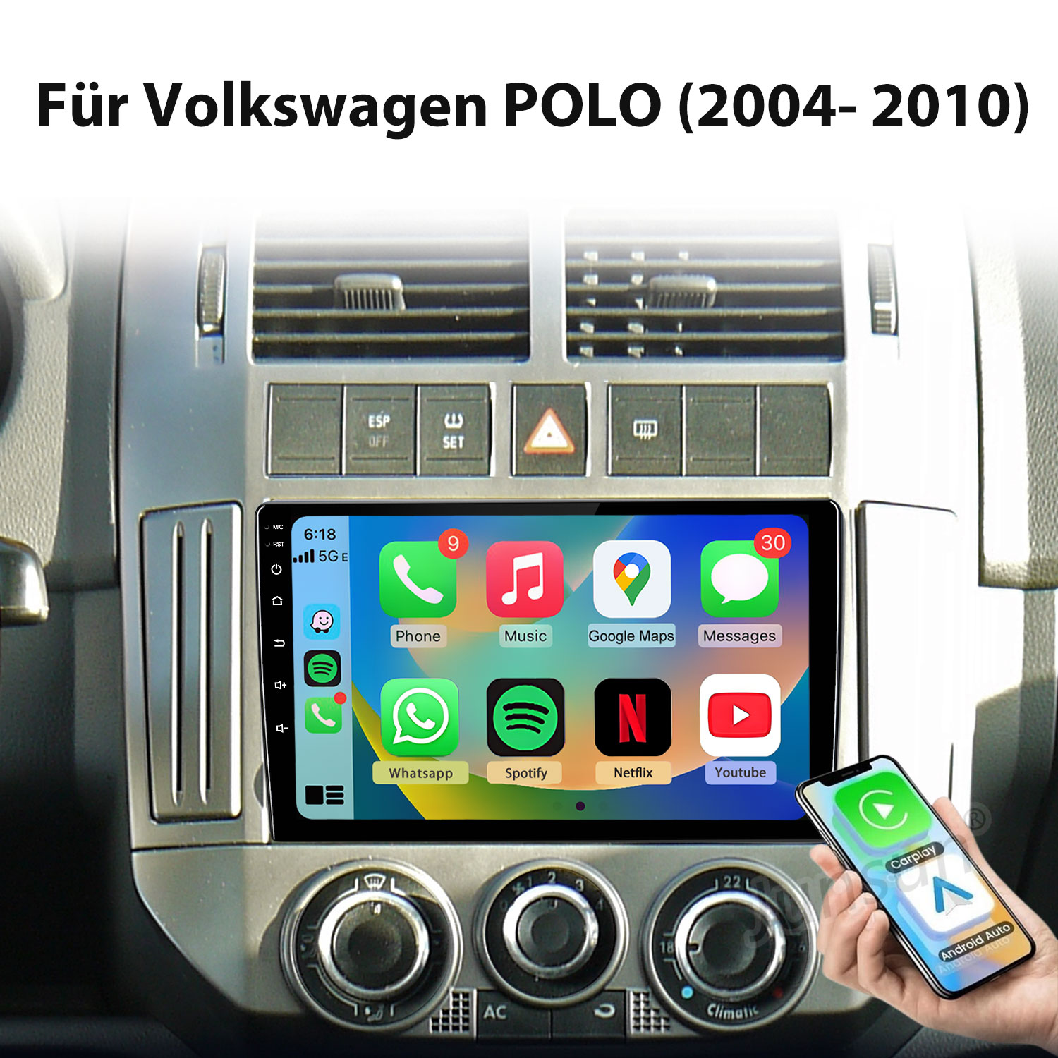 Infotainment-Bildschirm im Auto mit Apps, daneben ein Handy mit CarPlay/Android Auto.