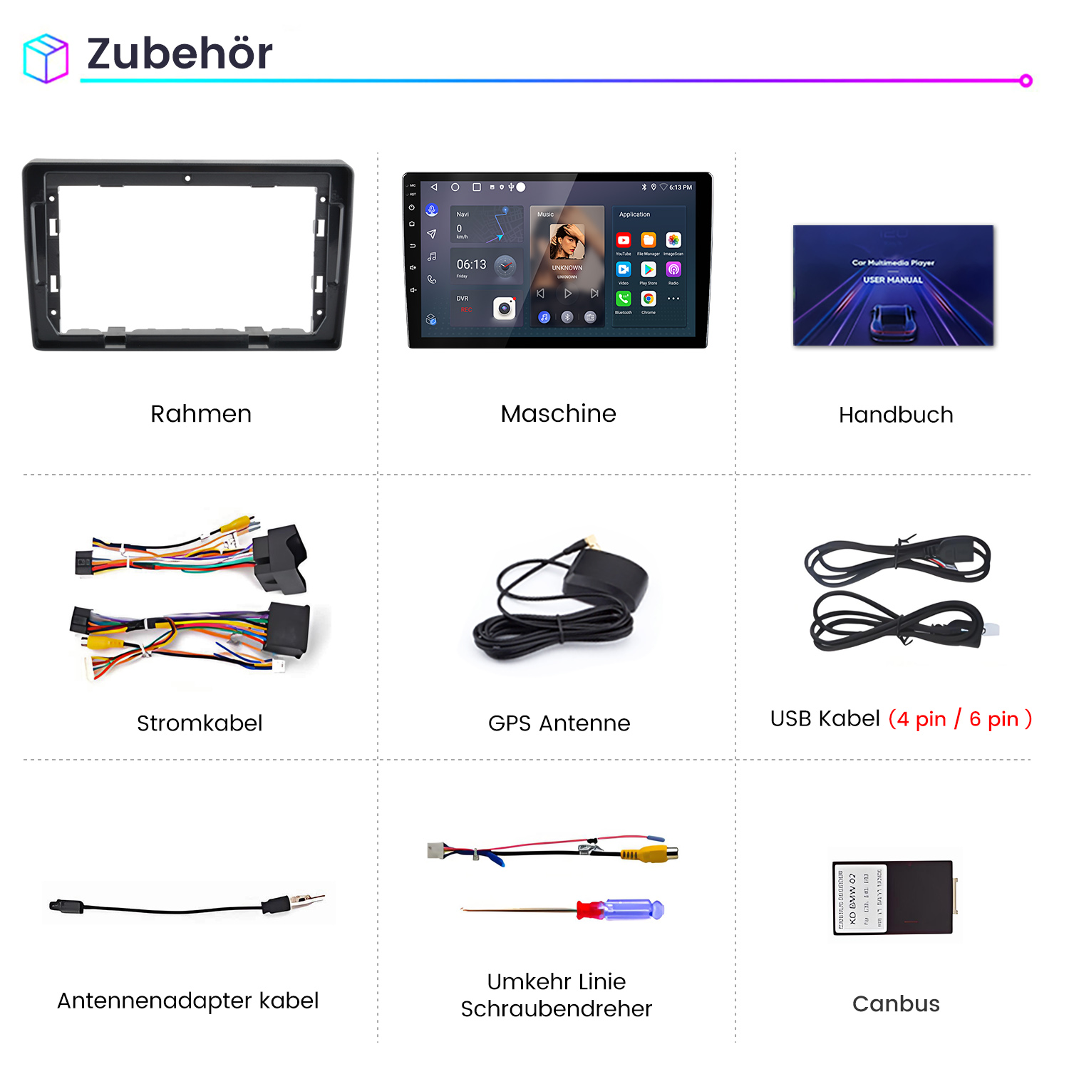 Zubehör: Rahmen, Bildschirm, Handbuch, Kabel, Antenne, USB, Adapter, Schraubendreher, Canbus.