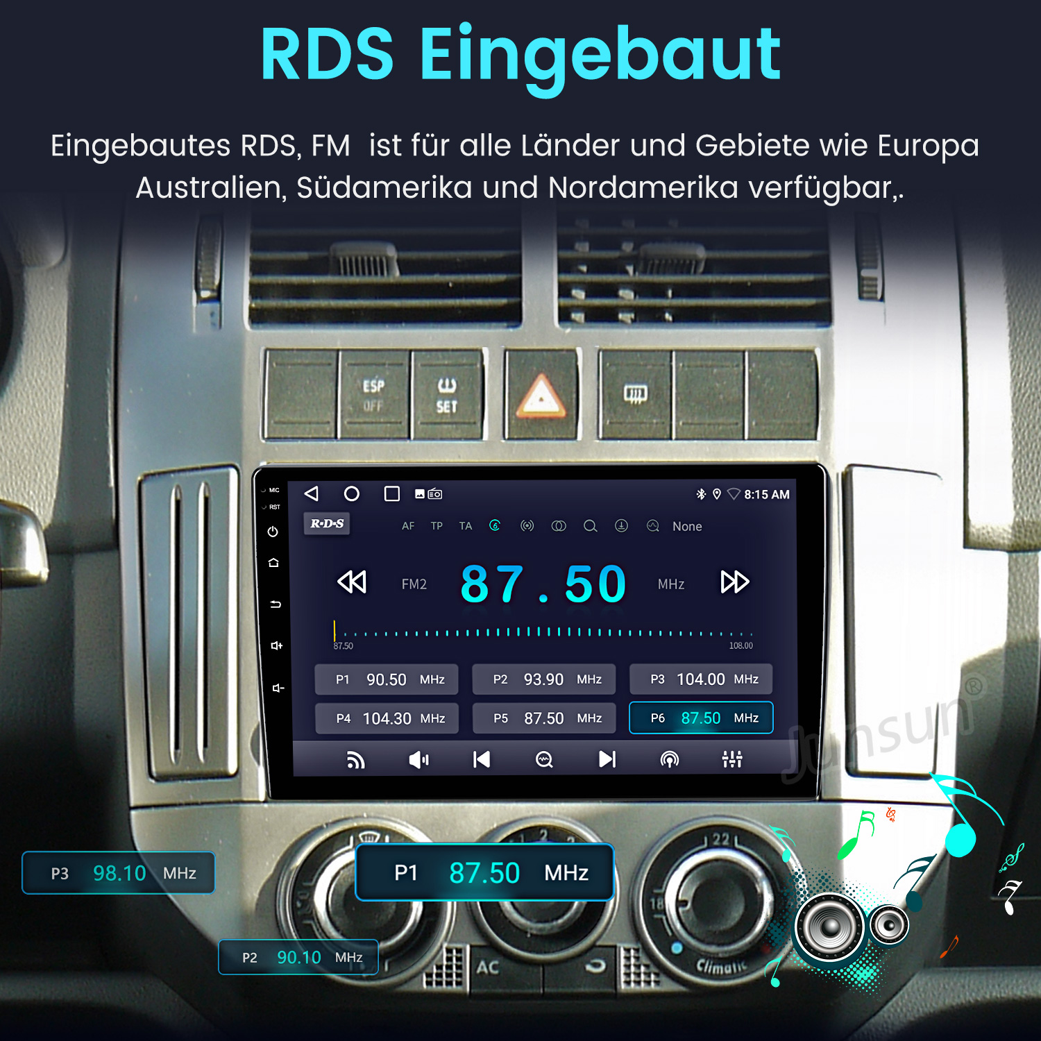 Einbau-RDS/FM-Autoradio zeigt 87.50 MHz an. Knöpfe für Senderwahl.