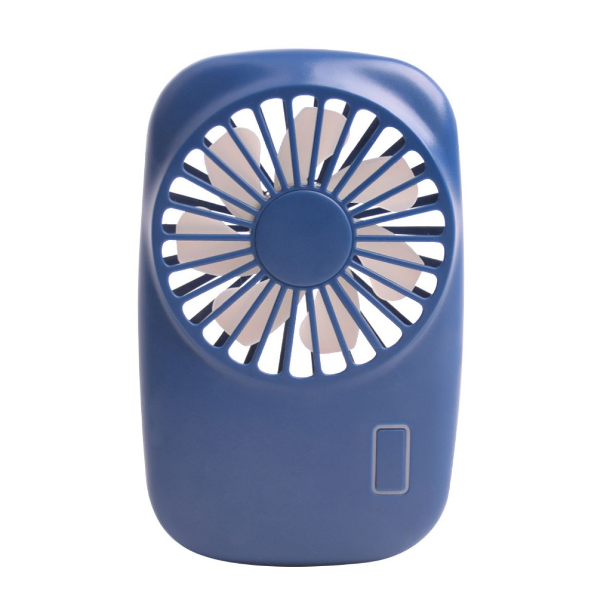 Ein blauer Handventilator mit weißen Rotorblättern und einem rechteckigen Knopf.