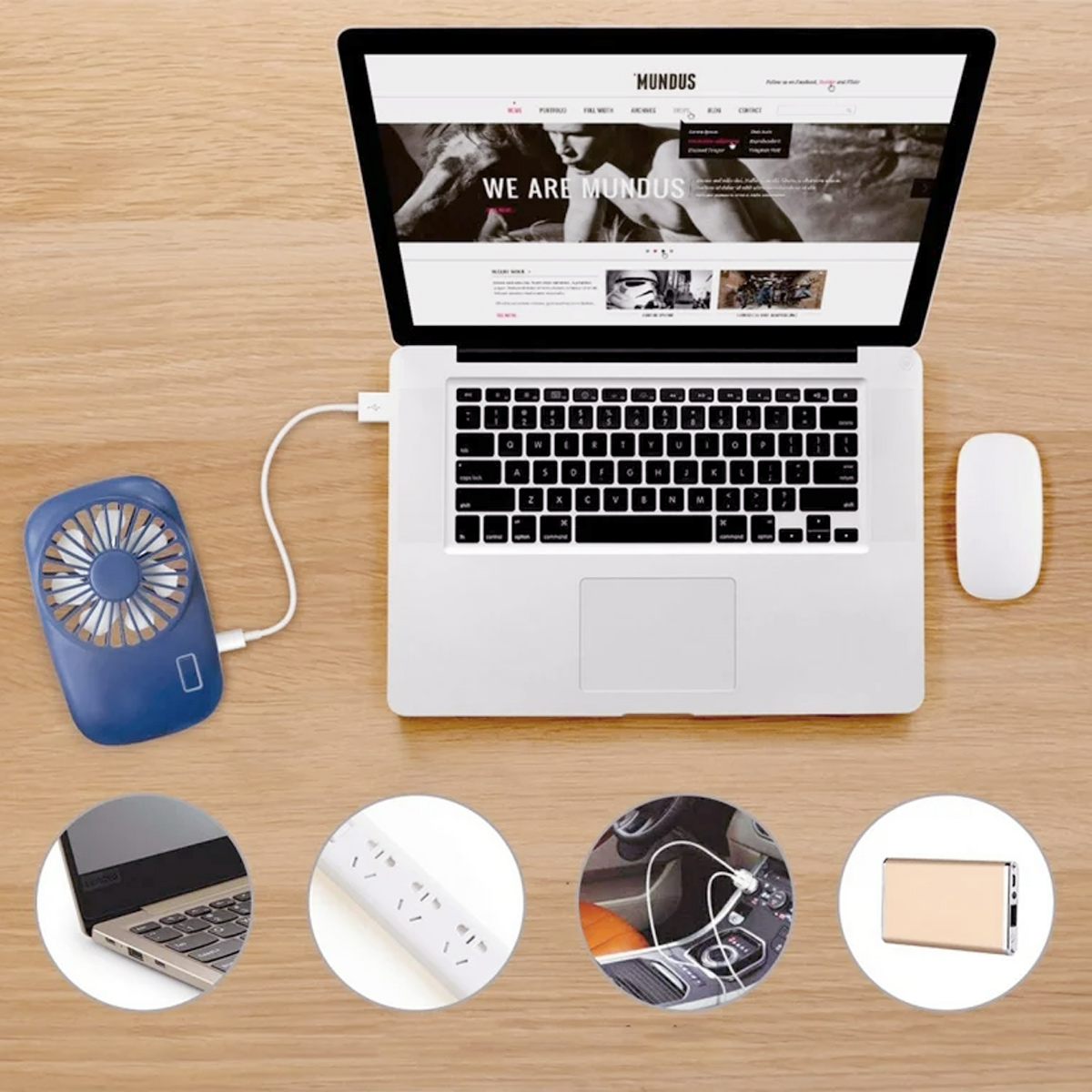 Laptop, Lüfter, Maus auf Schreibtisch. Einsätze: Laptop, Steckdosenleiste, Autoladegerät, Powerbank.