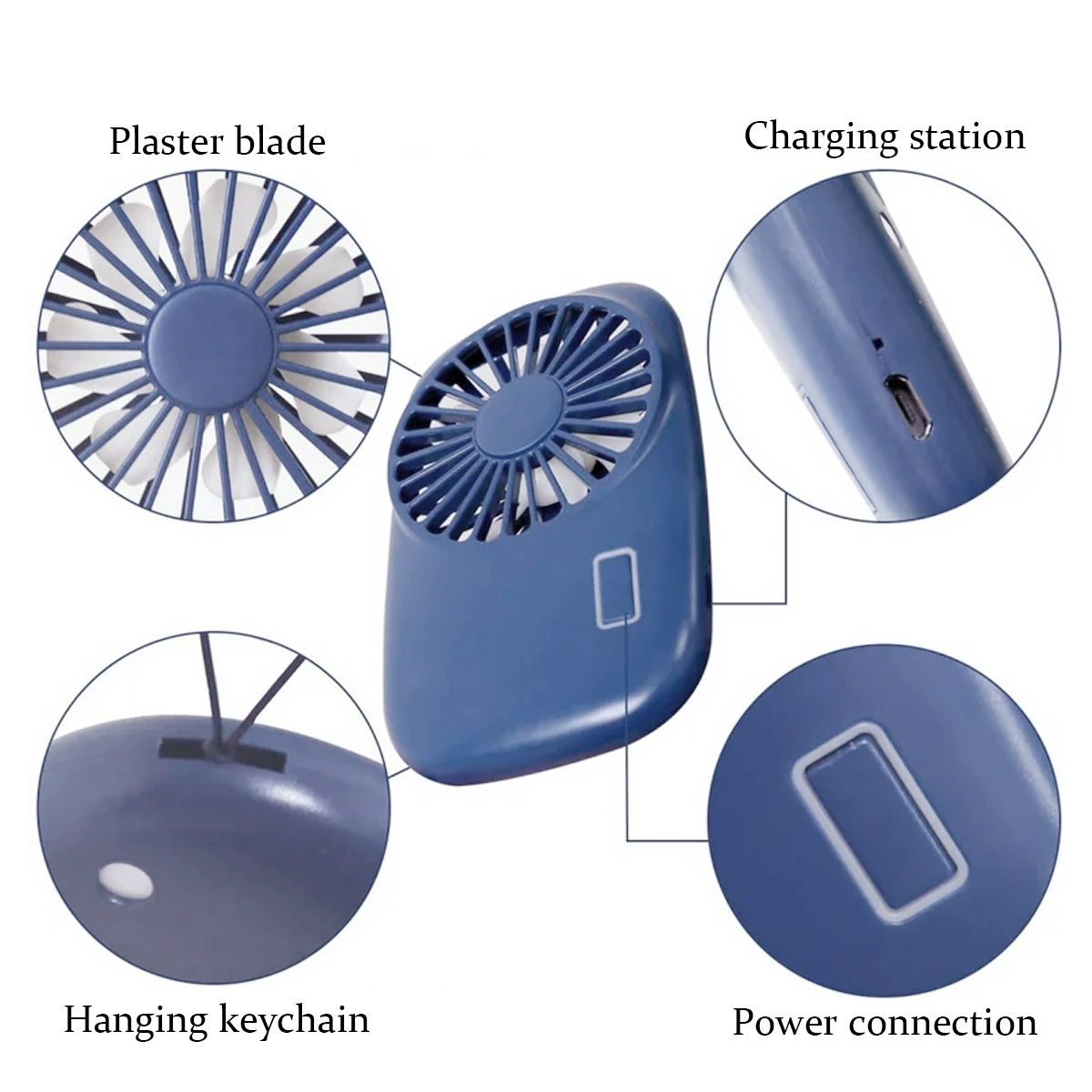 Ein blauer Mini-Ventilator mit Nahaufnahmen der Lüfterblätter, Ladeanschluss und Schlüsselanhänger.