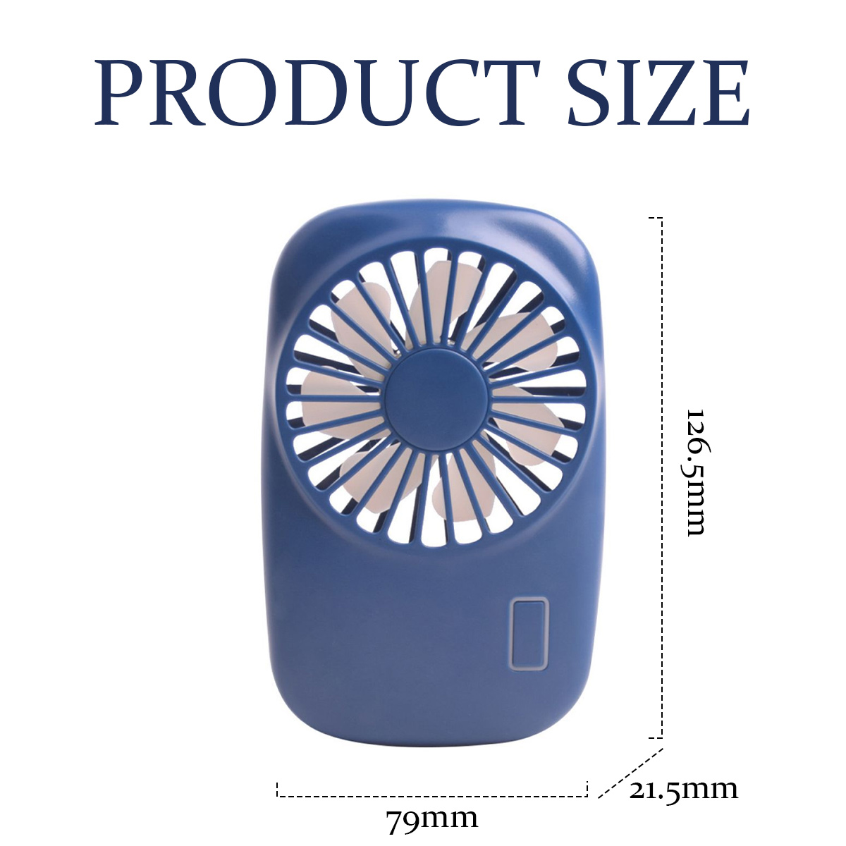 Ein blauer Mini-Ventilator mit Maßen 79x126,5x21,5mm.