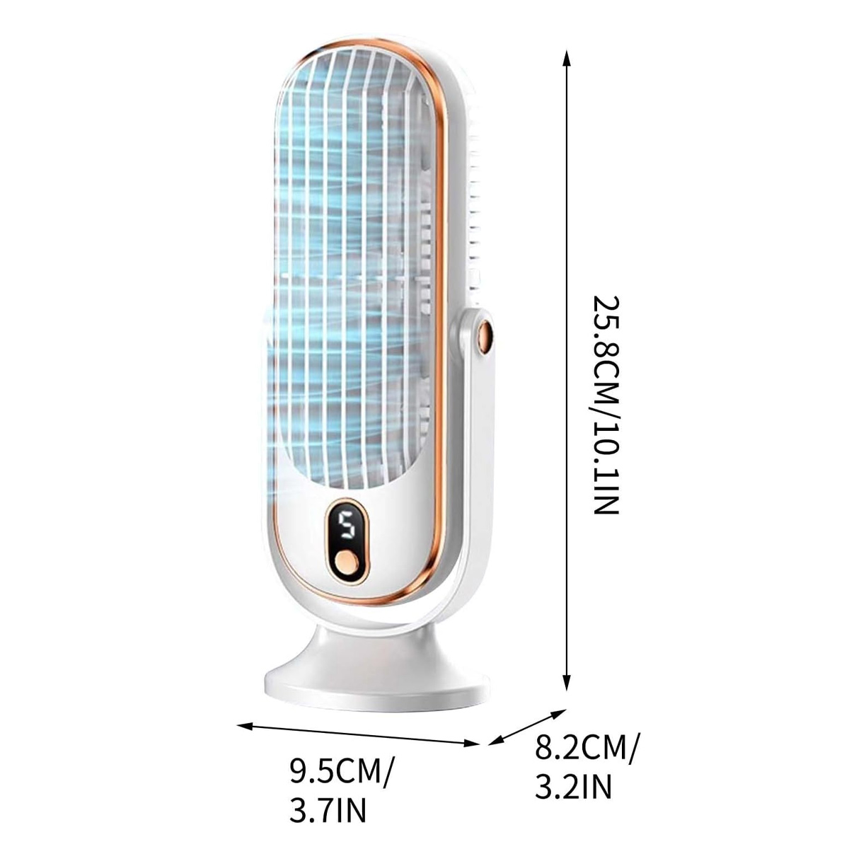 Ein weißer Turmventilator mit kupferfarbenen Akzenten und einem digitalen Display.