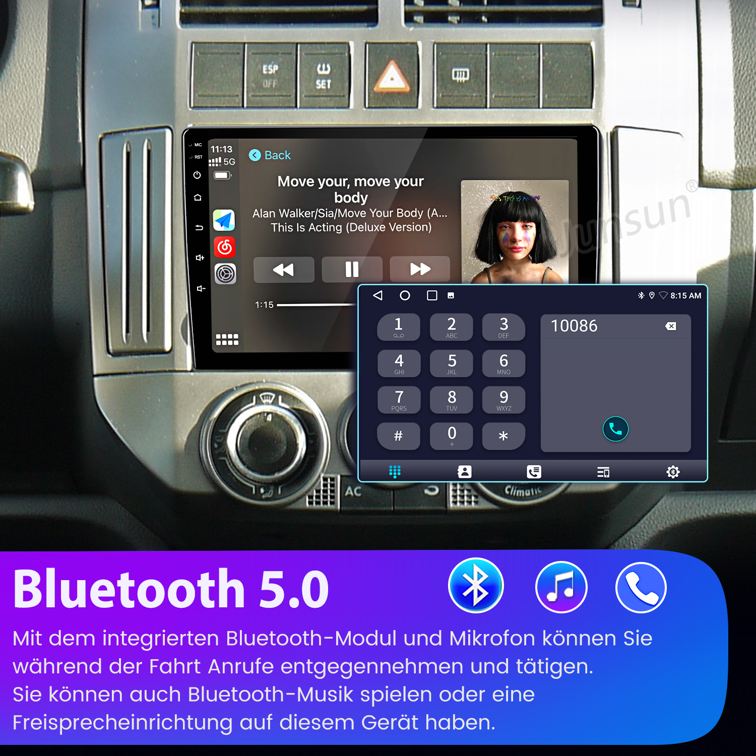 Auto-Infotainment-System mit Musikwiedergabe, Telefon und Bluetooth-Symbolen.