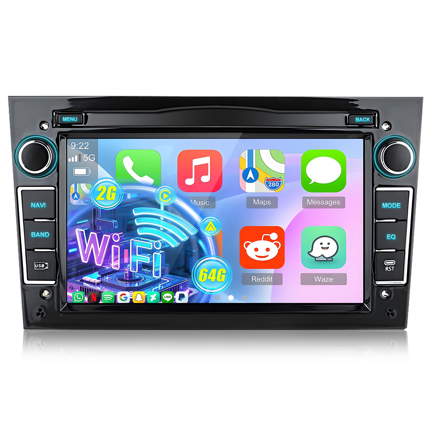 Ein Auto-Infotainment-System mit Apps wie Telefon, Musik, Karten, Nachrichten, Reddit und Waze.