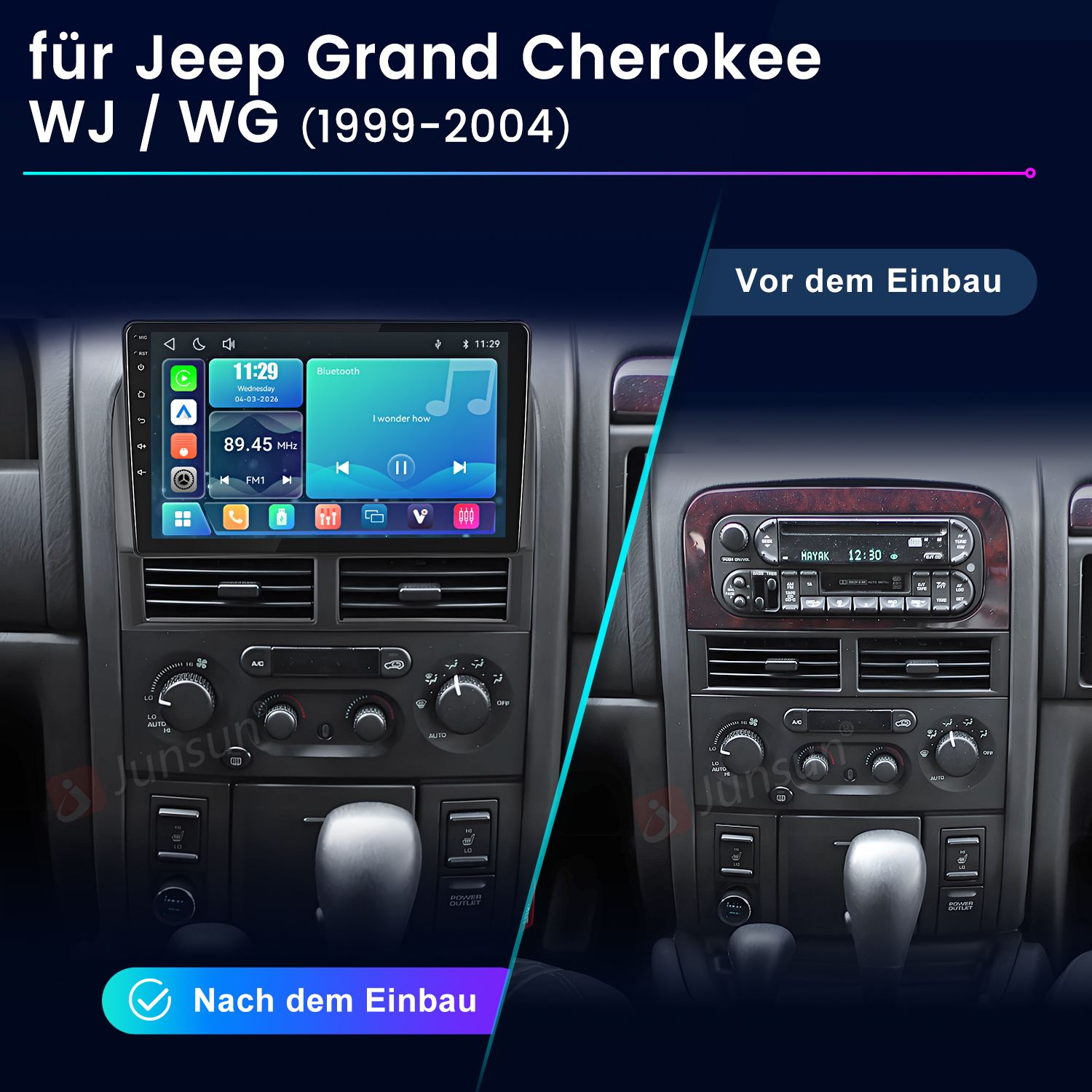Vergleich eines Jeep Grand Cherokee WJ/WG (1999-2004) Armaturenbretts vor und nach dem Einbau.