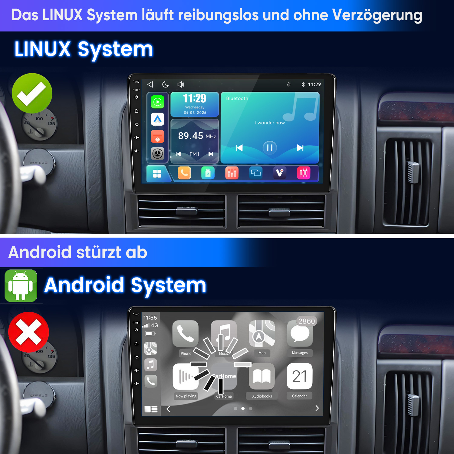 Oberes Bild: Linux-System-Menü mit Radio, Bluetooth und Datum. Unteres Bild: Android-System-Menü mit Apps und Kalender.