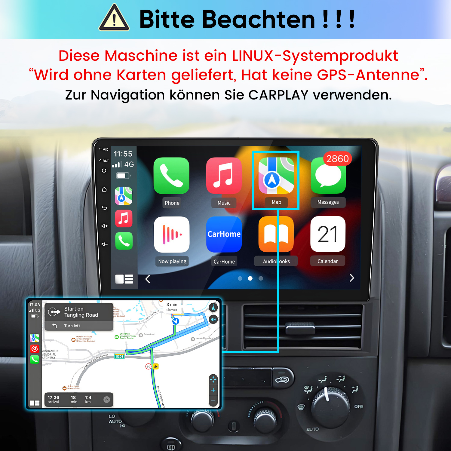 Ein Auto-Navigationssystem zeigt CarPlay mit Karten- und Musik-Apps.