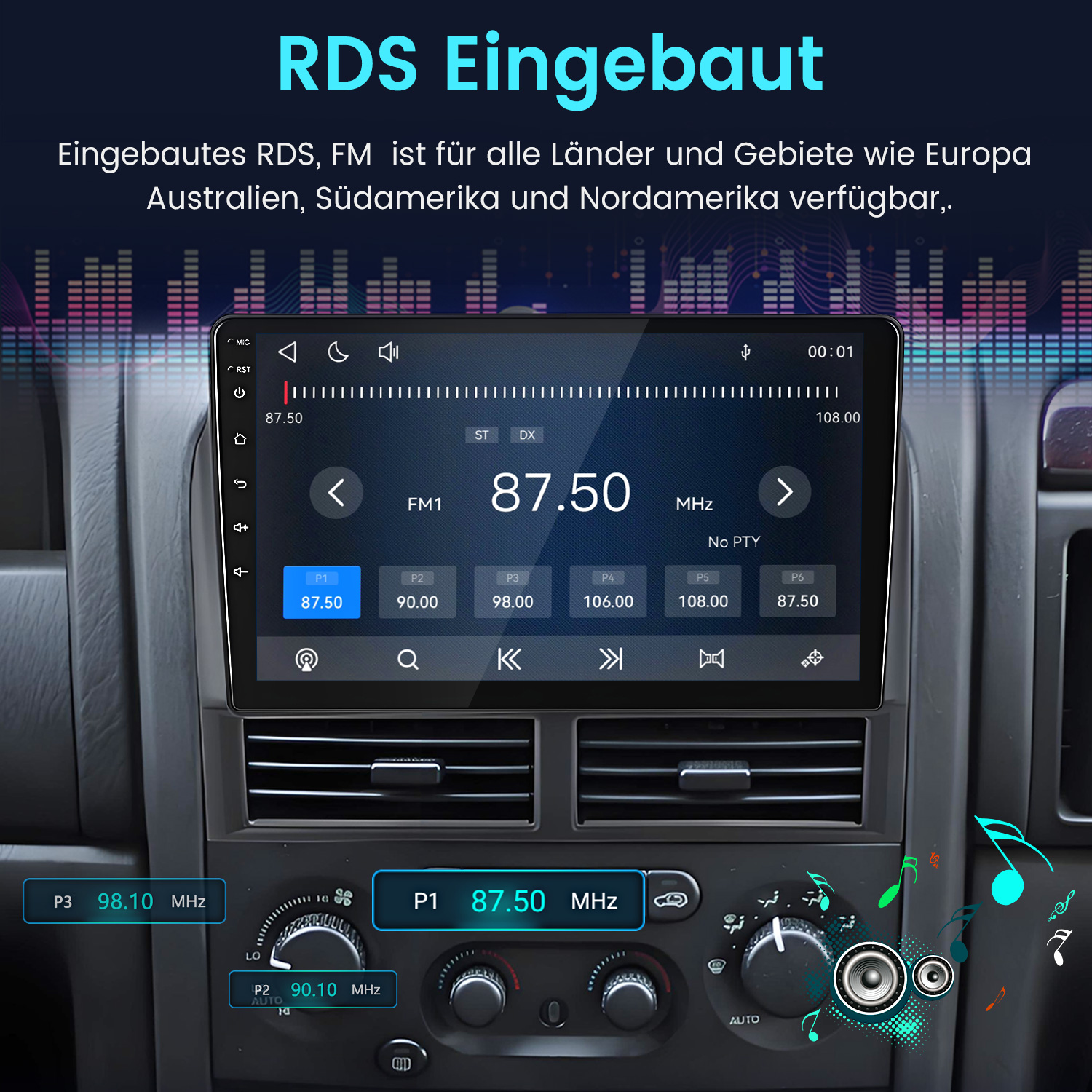 Einbau-RDS-FM-Radio im Auto mit Touchscreen und Knöpfen.