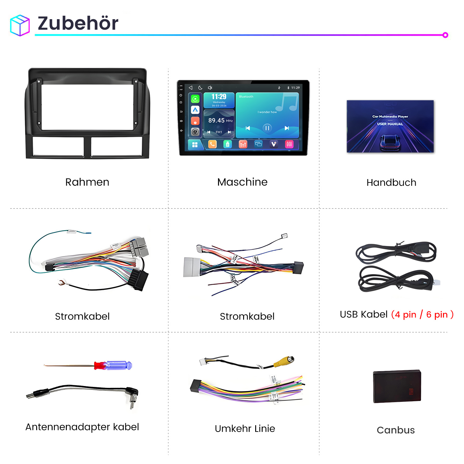 Autozubehör: Rahmen, Multimediaspieler, Handbuch, Kabel und Canbus.
