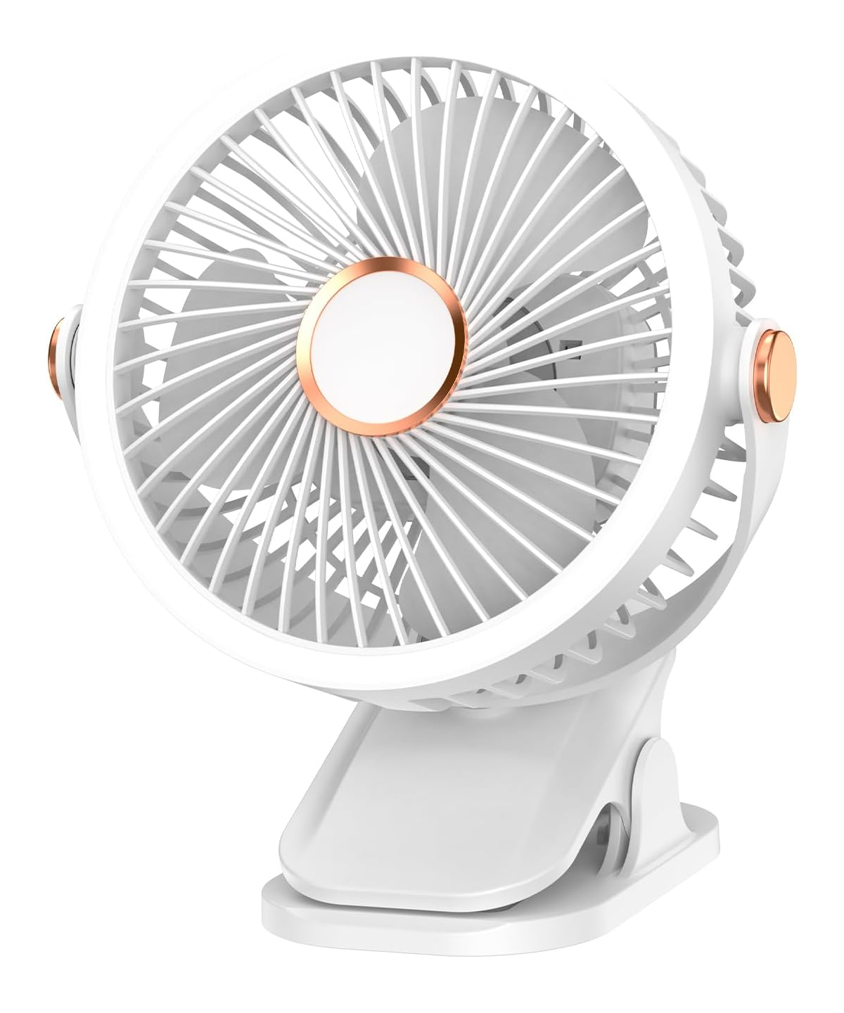 Ein weißer Clip-Ventilator mit kupferfarbenen Akzenten und durchbrochenem Grill.