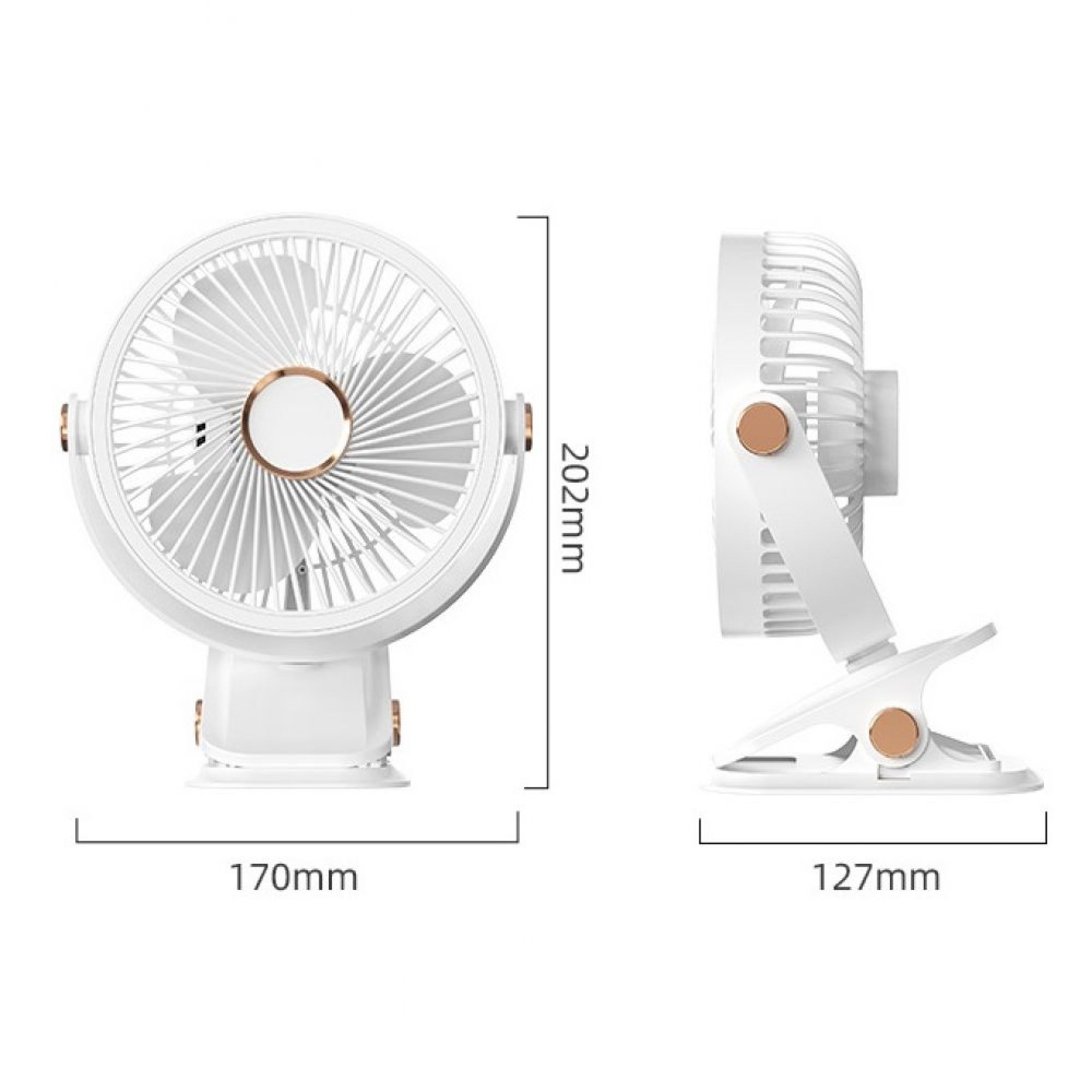 Ein weißer Clip-Ventilator mit goldenen Akzenten, Maße 170mm und 202mm.