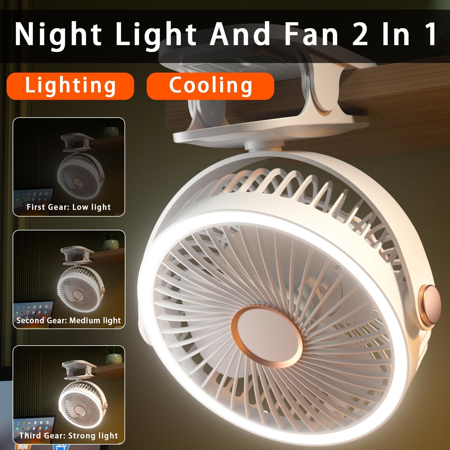 Ein weißer Ventilator mit LED-Beleuchtung, der an einer Holzoberfläche befestigt ist.