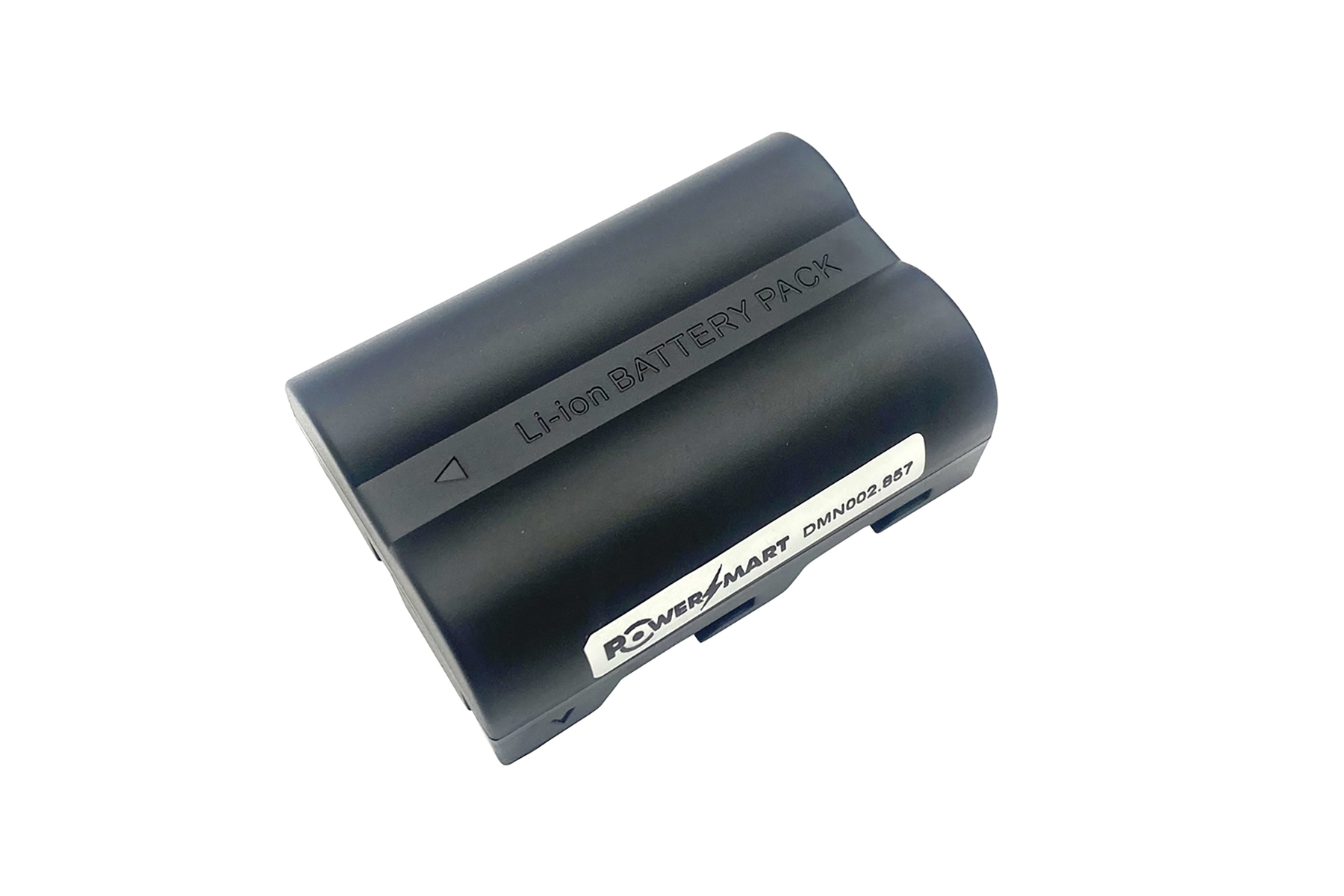 Schwarzer Li-Ion Akku mit weißem Etikett und schwarzer Schrift.