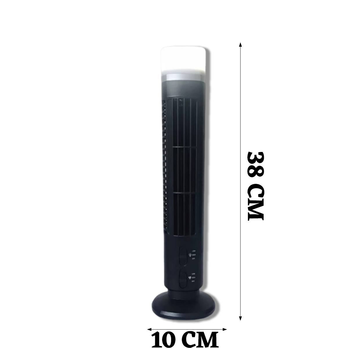 Schwarzer Turmventilator mit weißem Aufsatz, 38 cm hoch, 10 cm breit.