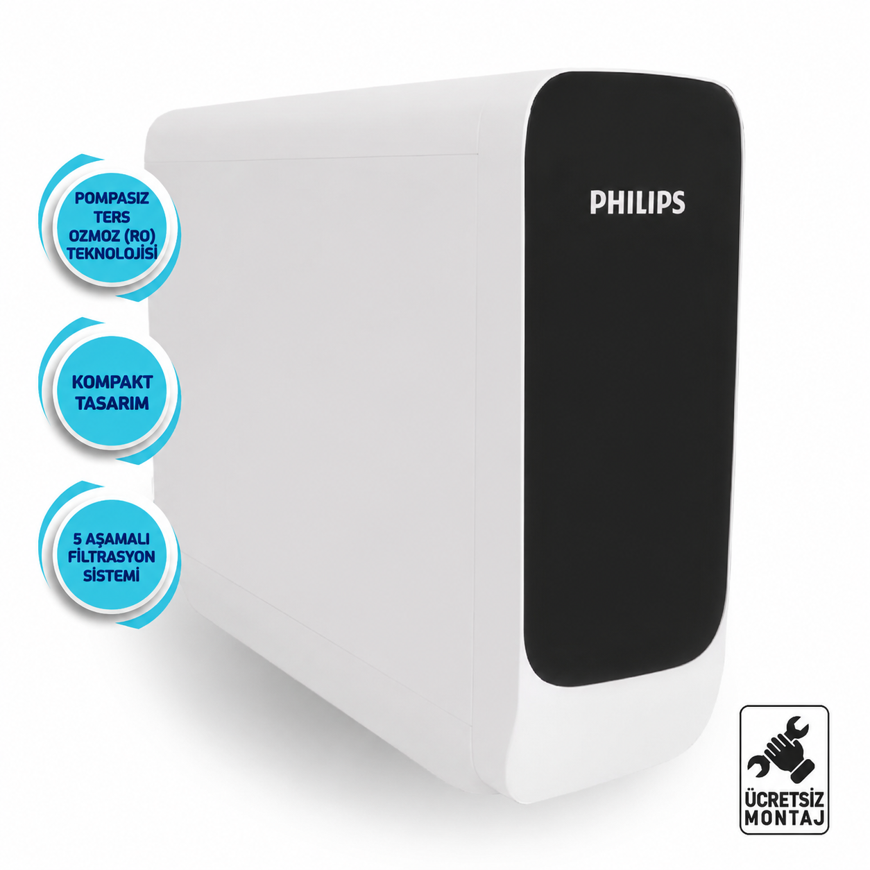 Siyah ön yüzlü ve turkuaz daireli beyaz Philips su sebili.