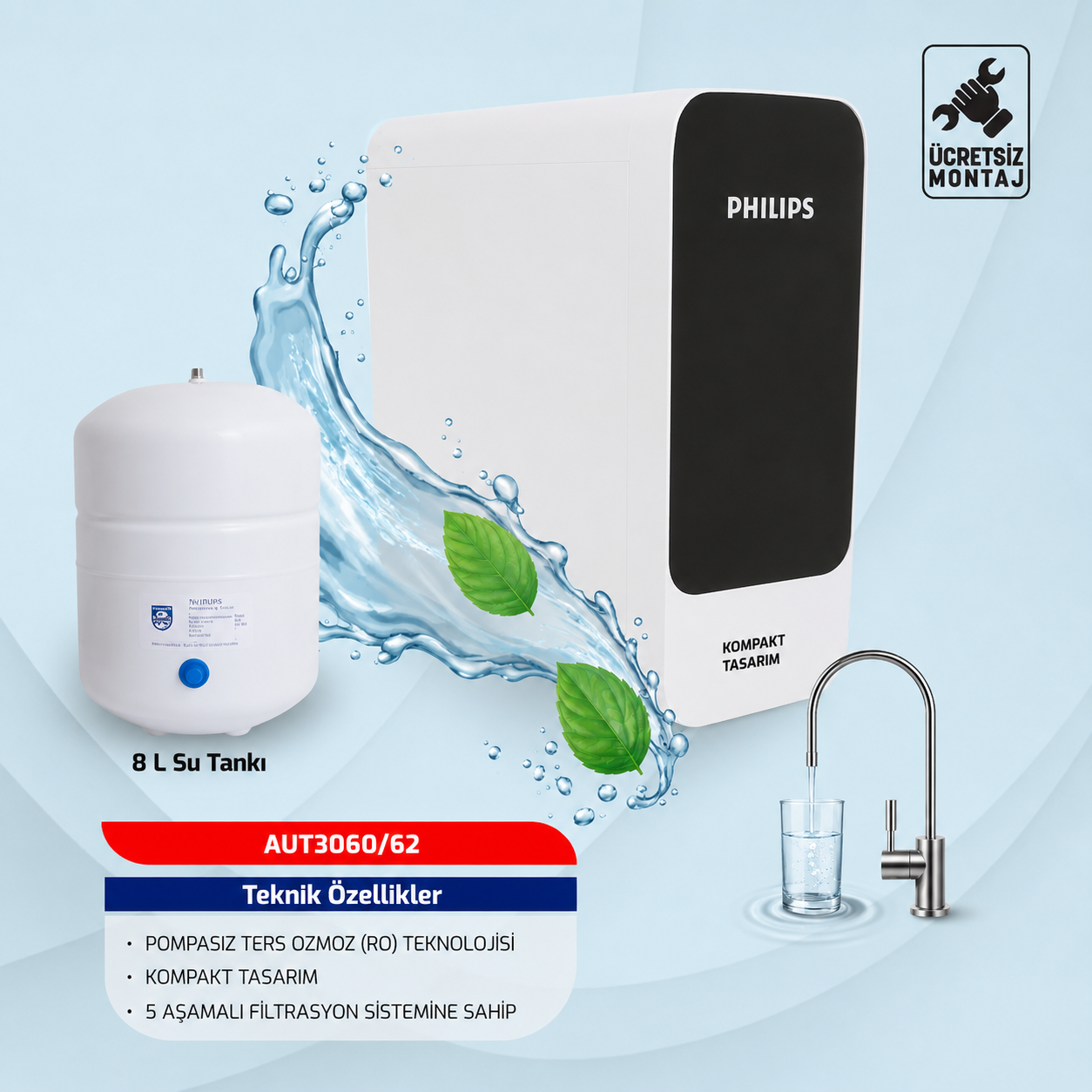 8L tanklı Philips su arıtma cihazı, su sıçraması ve dolan bardak görseli.