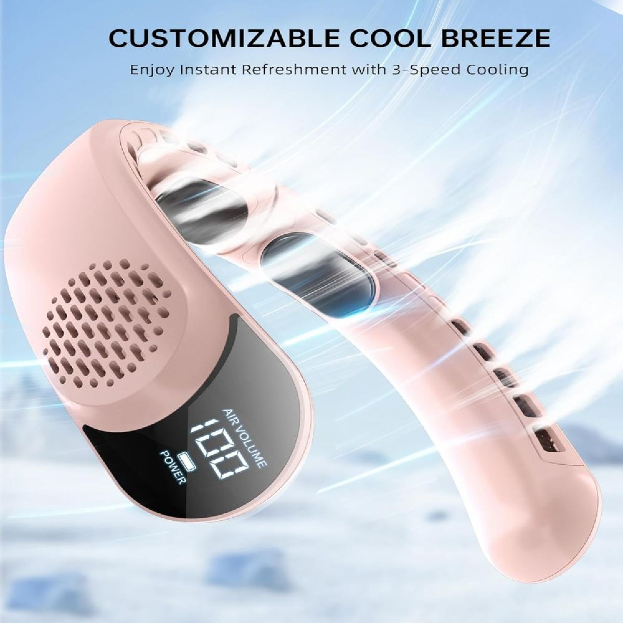 Ein rosafarbener Nackenventilator mit digitaler Anzeige für 100% Luftvolumen.