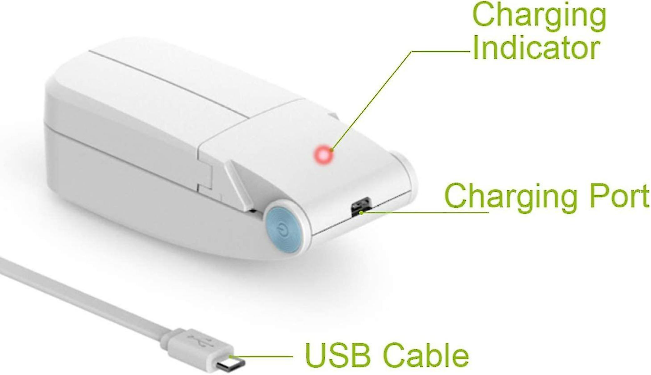 Ein weißes Ladegerät mit USB-Kabel, Ladeanschluss und rotem Ladeindikator.