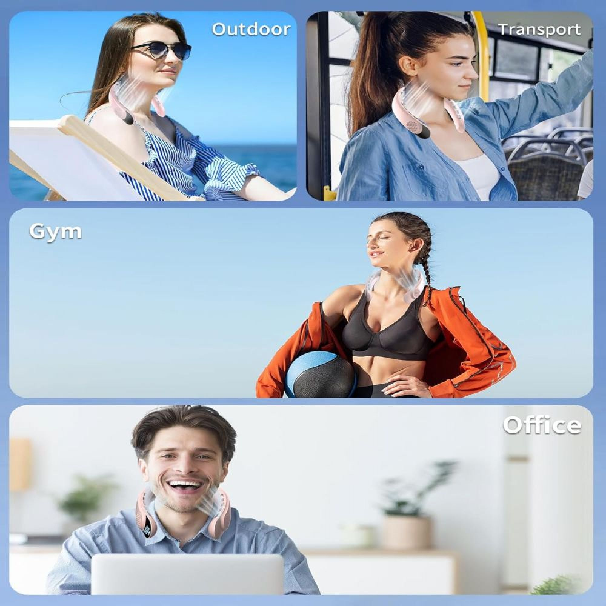 Collage von Menschen mit Nackenfans im Freien, im Transport, im Fitnessstudio und im Büro.