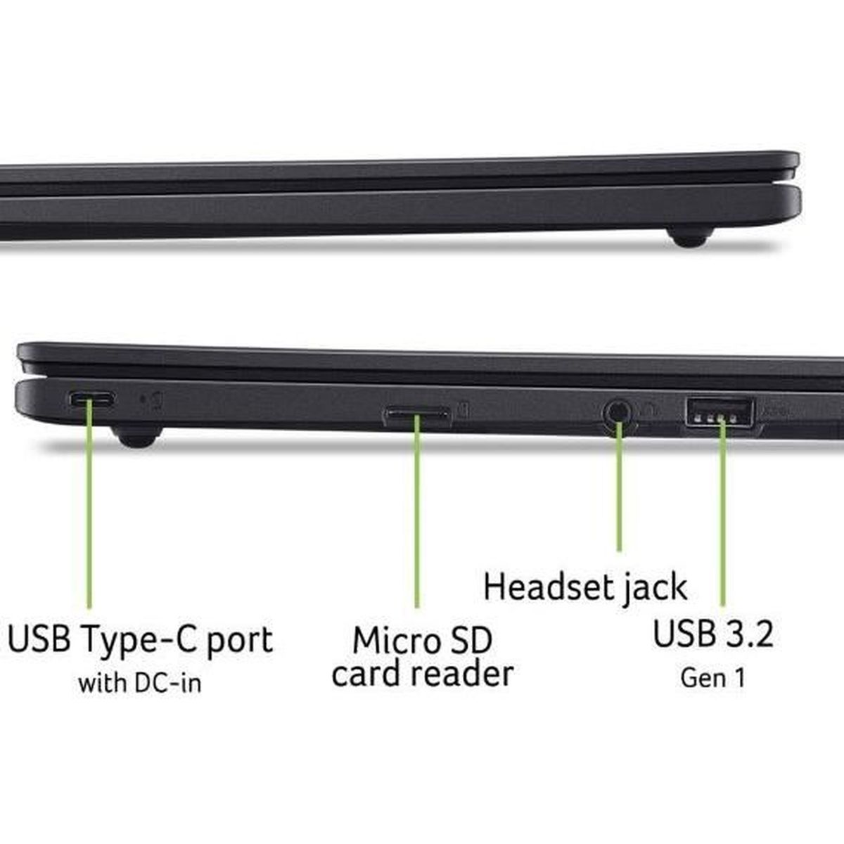Seitenansicht eines Laptops mit USB-C, Micro SD, Kopfhöreranschluss und USB 3.2 Anschlüssen.