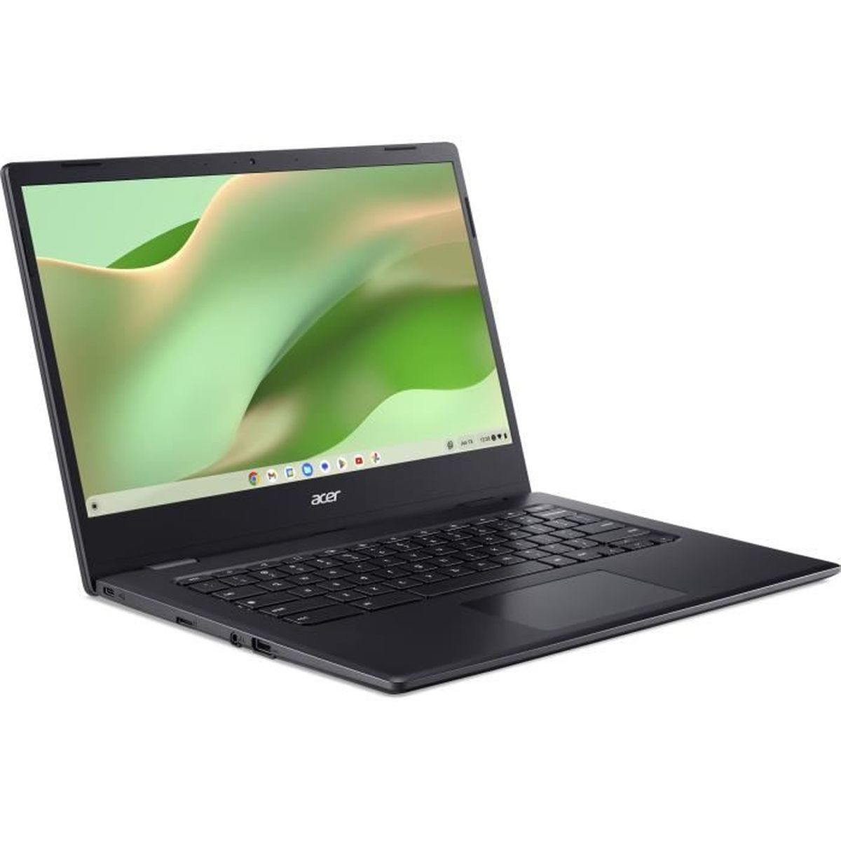 Schwarzer Acer Laptop mit grün-weißem abstrakten Hintergrundbild auf dem Bildschirm.
