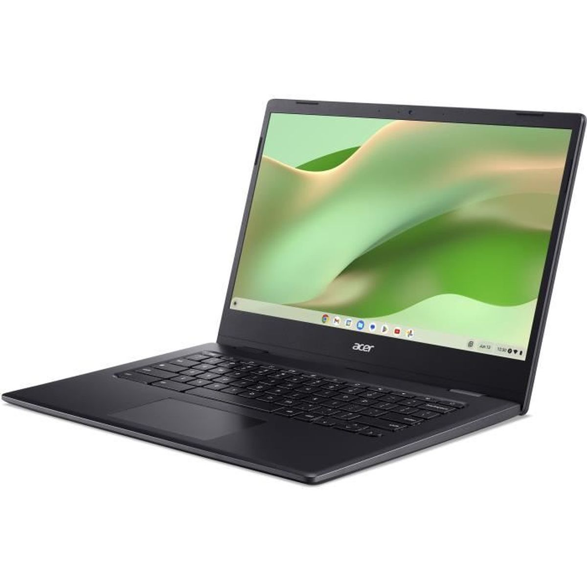 Ein dunkler Acer Laptop mit eingeschaltetem Bildschirm, der ein grünes Muster zeigt.