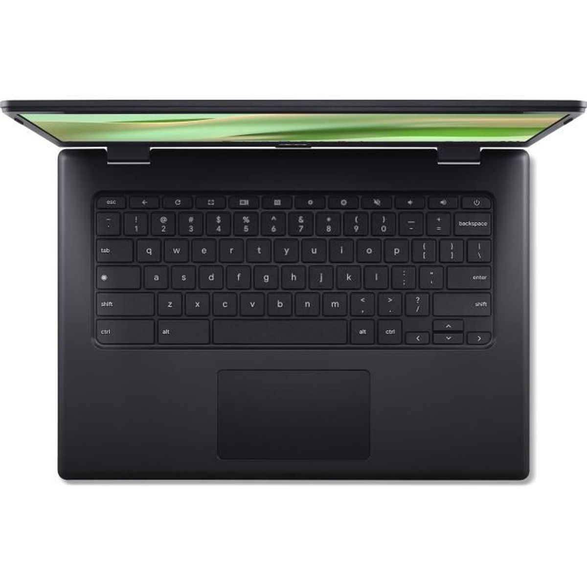 Ein schwarzer Laptop mit geöffnetem Bildschirm, der ein abstraktes Muster in Grün und Weiß zeigt.