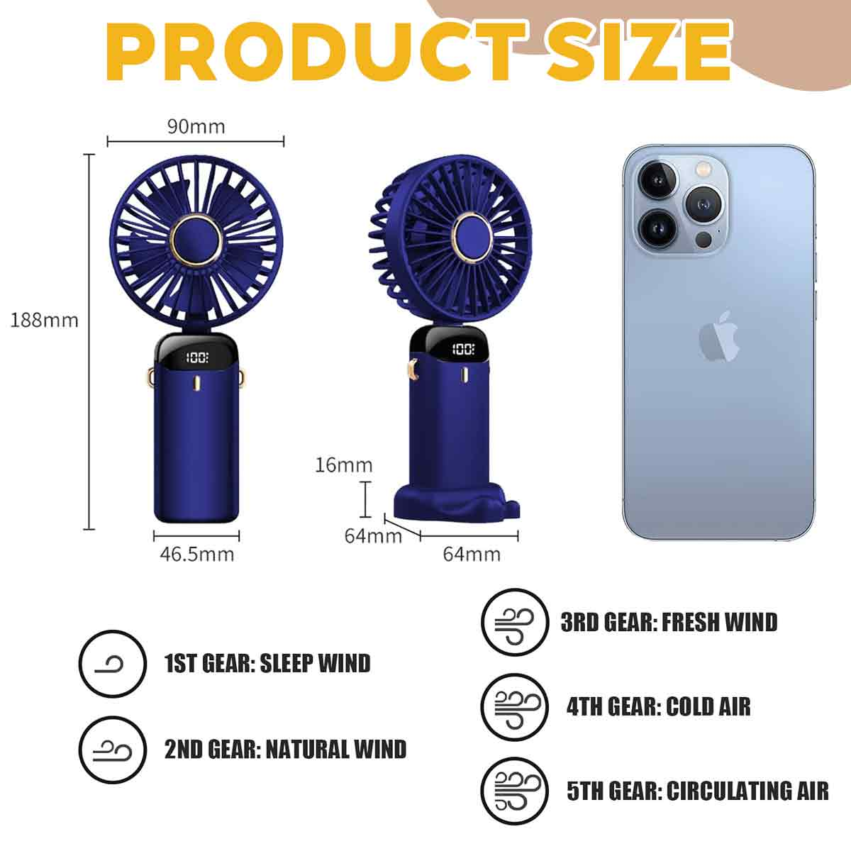 Größenvergleich: Blauer Ventilator neben einem hellblauen Smartphone.