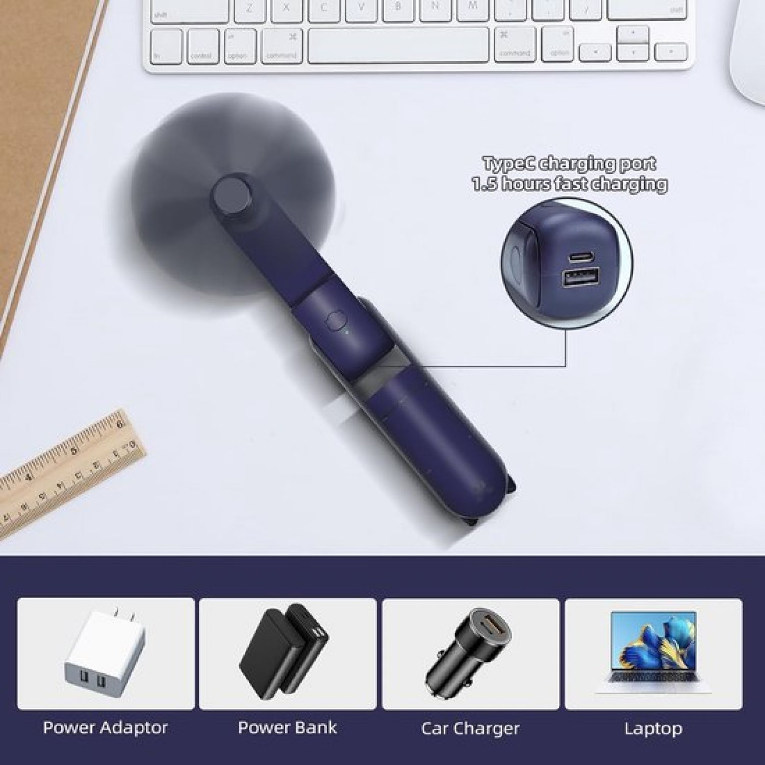Ein violetter Lüfter mit USB-C und Ladeanschluss liegt auf einem Schreibtisch.