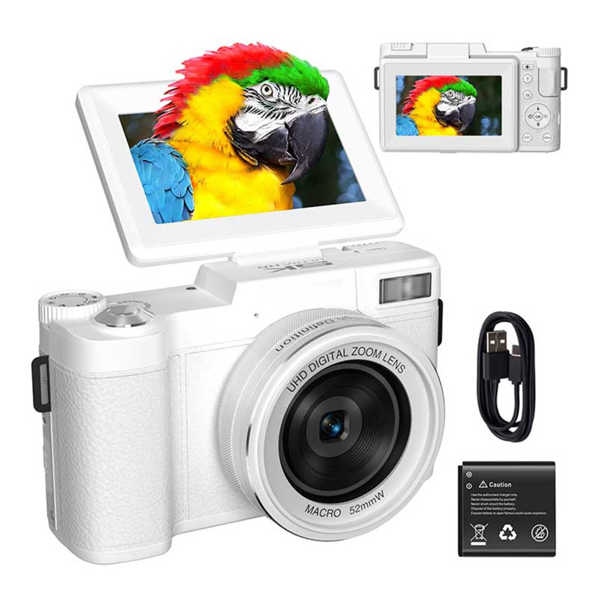 Eine weiße Digitalkamera mit einem Papageienbild auf dem Bildschirm, Kabel und Akku.