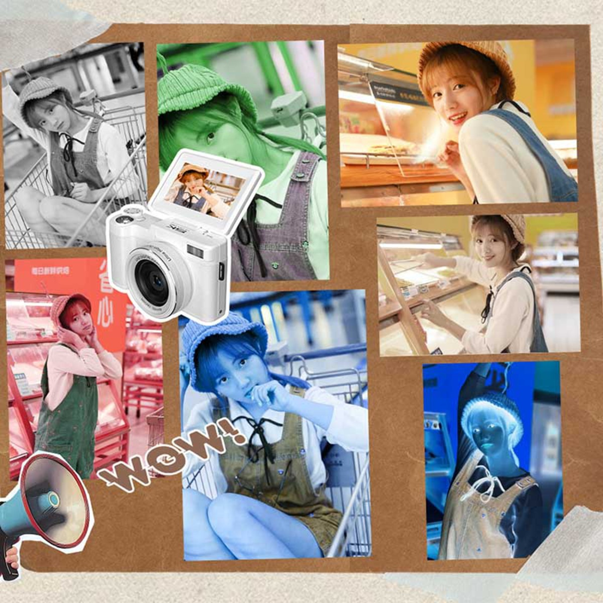 Collage mit Fotos einer jungen Frau in Latzhosen, Einkaufs- und Backszene.