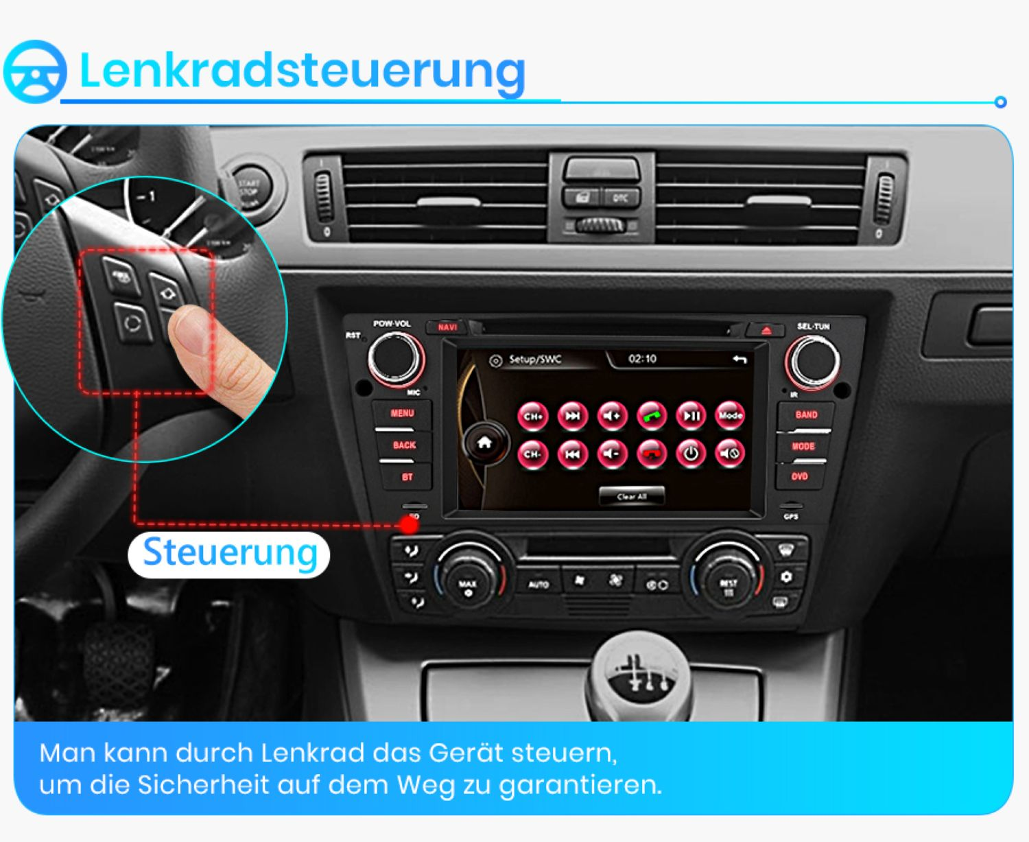Ein Finger drückt auf eine Lenkradtaste, die ein Autoradio steuert.